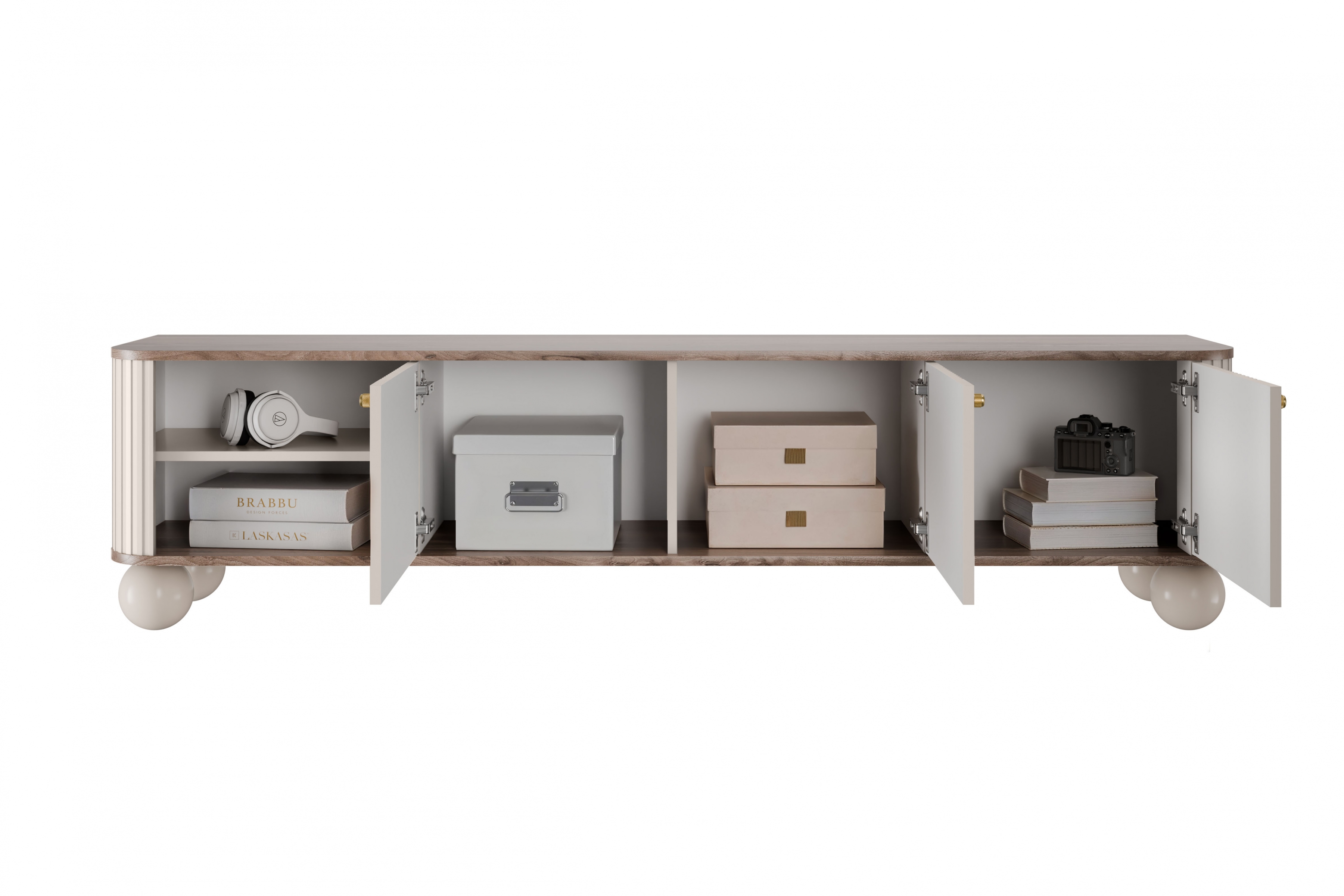 TV stolík Vespera 3D 187 cm - kašmírová / orech / zlatá / kašmírové nohy TV skrinka Vesper 3D 187 cm - kašmír / Orech / zlote úchyty / nožičky kule