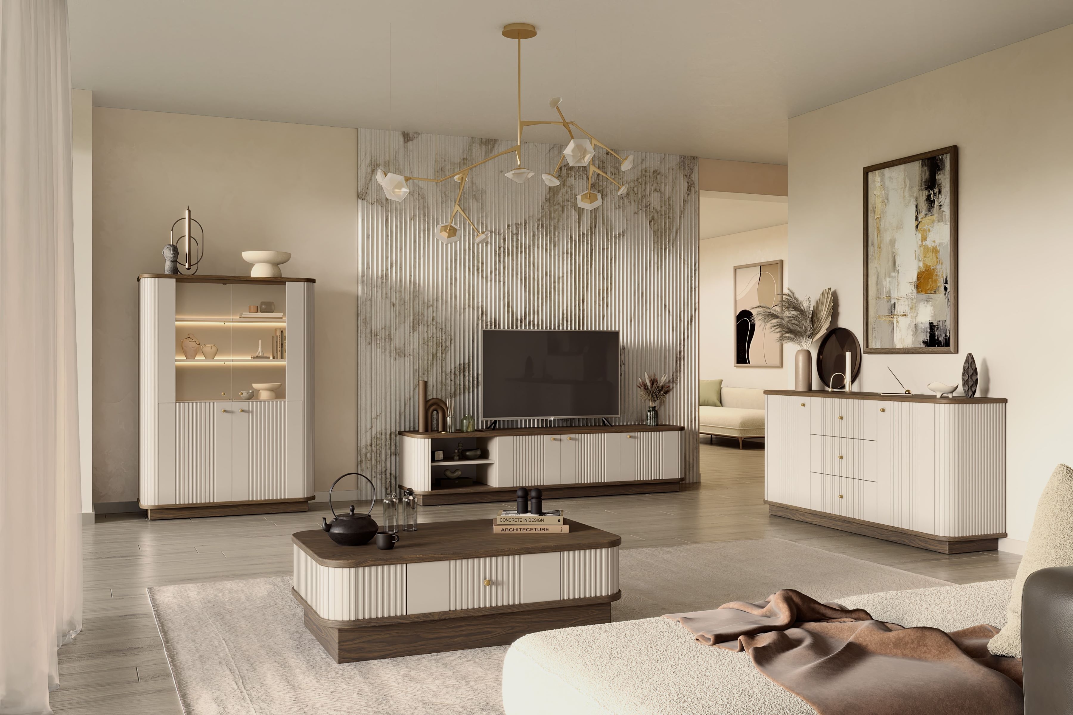 TV stolek Vesper 3D 187 cm - kašmír / ořech / zlaté úchyty skříňka RTV Vesper 3D 187 cm - kašmír / ořech / zlote Úchytky