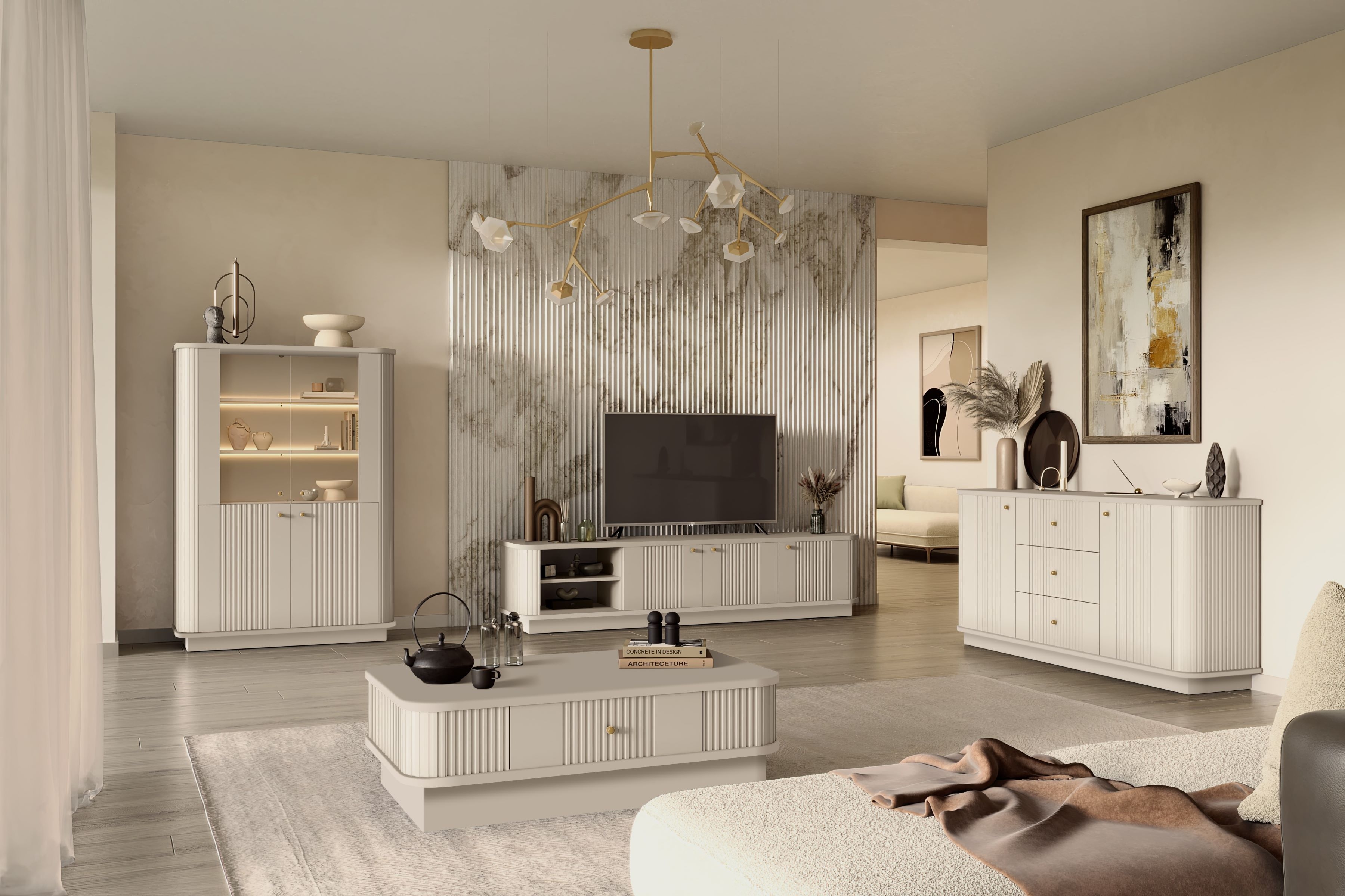 TV stolek Vesper 3D 187 cm - kašmír / zlaté úchyty skříňka RTV Vesper 3D 187 cm - kašmír / zlote Úchytky