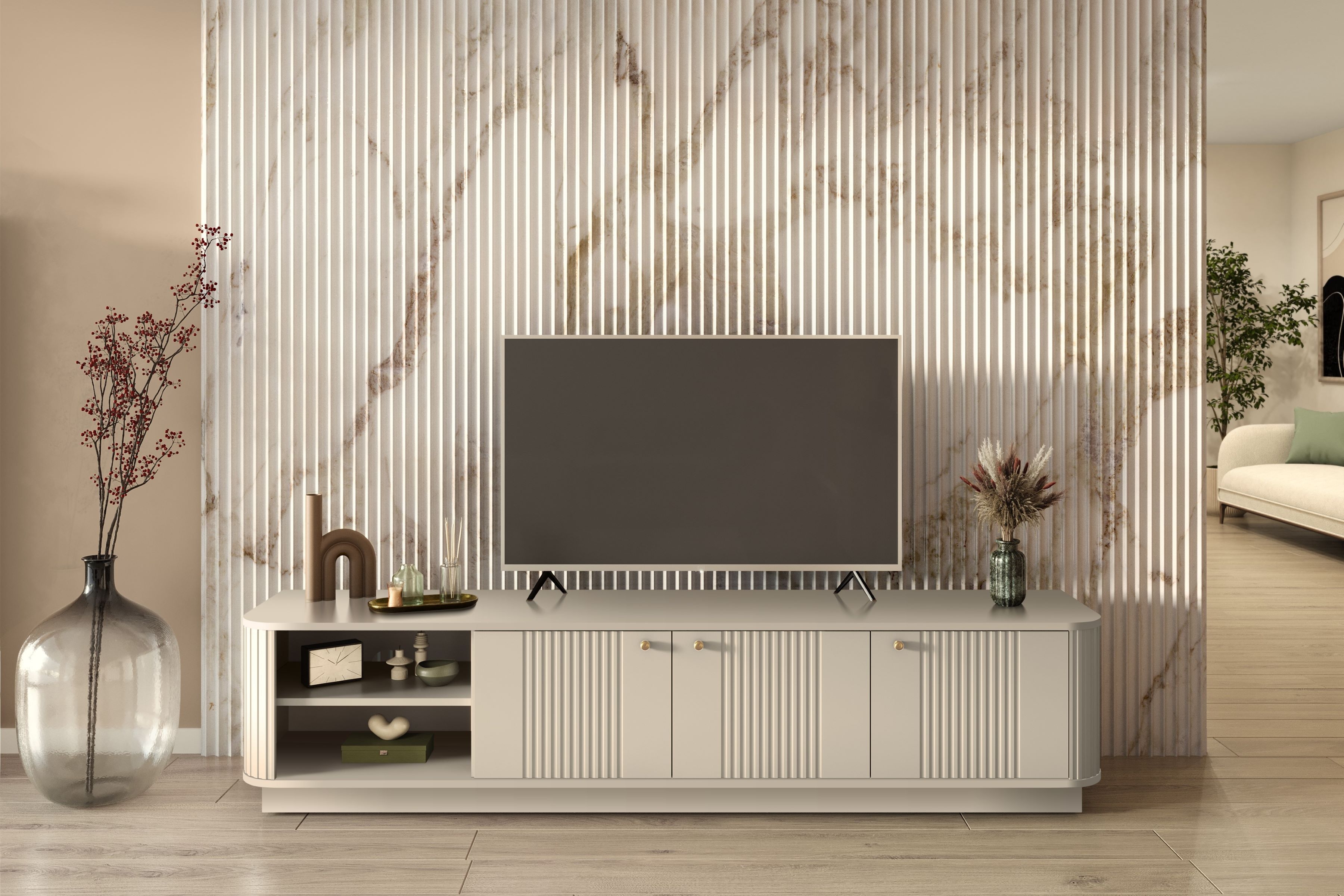 TV stolek Vesper 3D 187 cm - kašmír / zlaté úchyty skříňka RTV Vesper 3D 187 cm - kašmír / zlote Úchytky