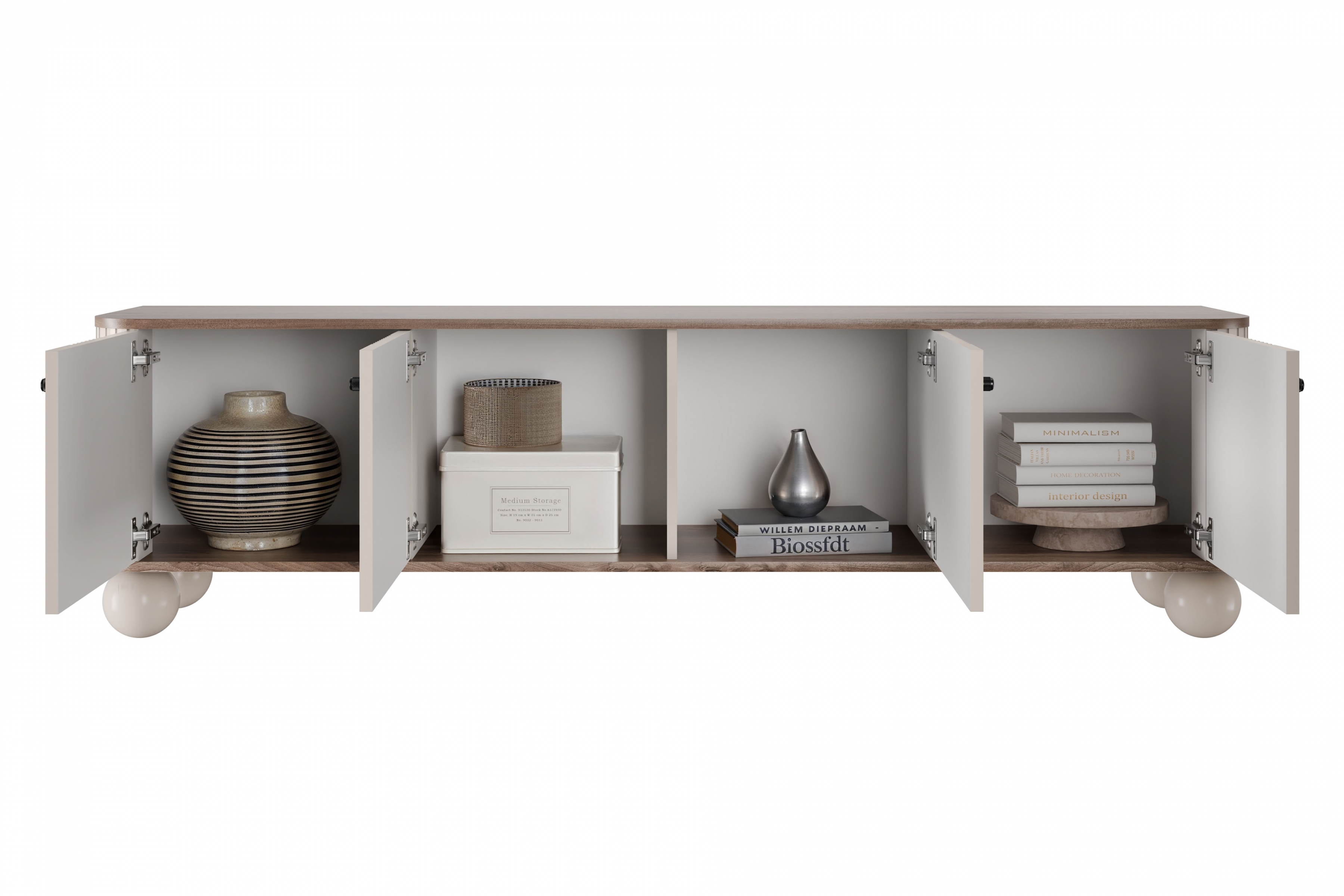 TV stolek Vesper 4D 187 cm - kašmírový / dekor ořech / černé úchytky / kulaté kašmírové nožky skříňka RTV Vesper 4D 187 cm - kašmír / ořech / černá Úchytky / Nohy kule