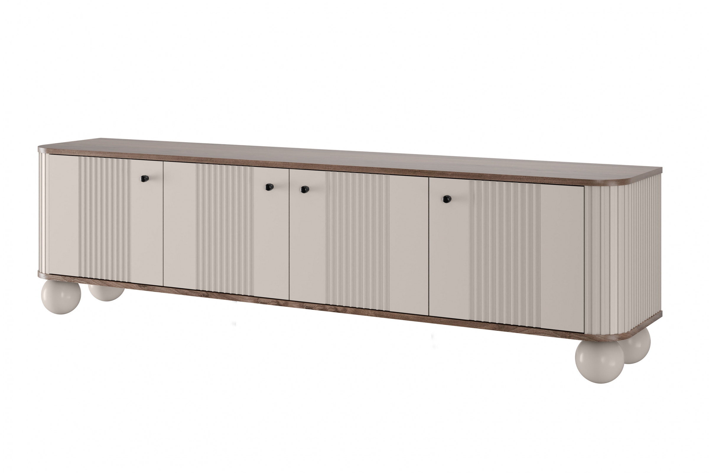 TV stolek Vesper 4D 187 cm - kašmírový / dekor ořech / černé úchytky / kulaté kašmírové nožky skříňka RTV Vesper 4D 187 cm - kašmír / ořech / černá Úchytky / Nohy kule