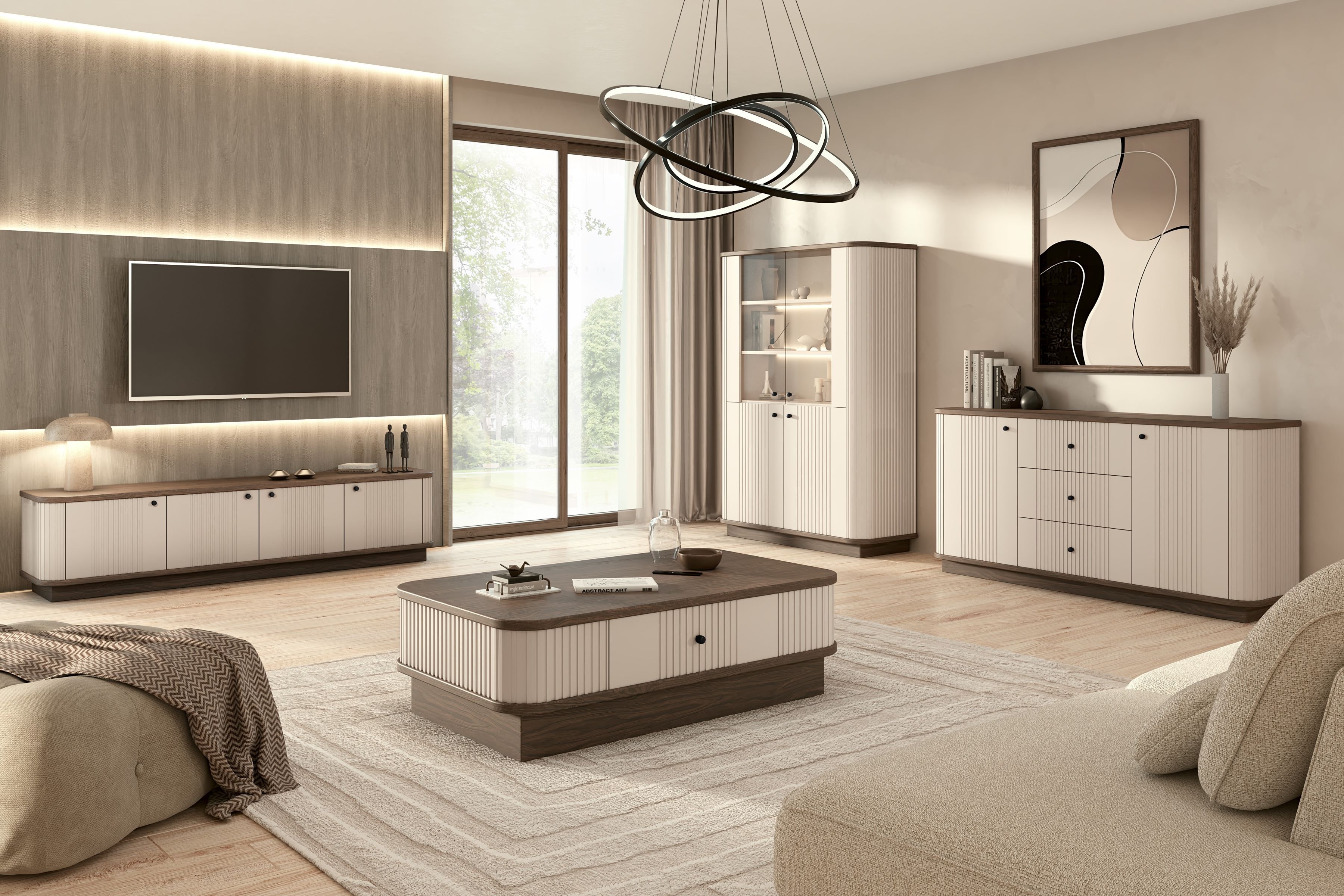 TV stolek Vesper 4D 187 cm - kašmír / ořech / černé úchyty skříňka RTV Vesper 4D 187 cm - kašmír / ořech / černá Úchytky