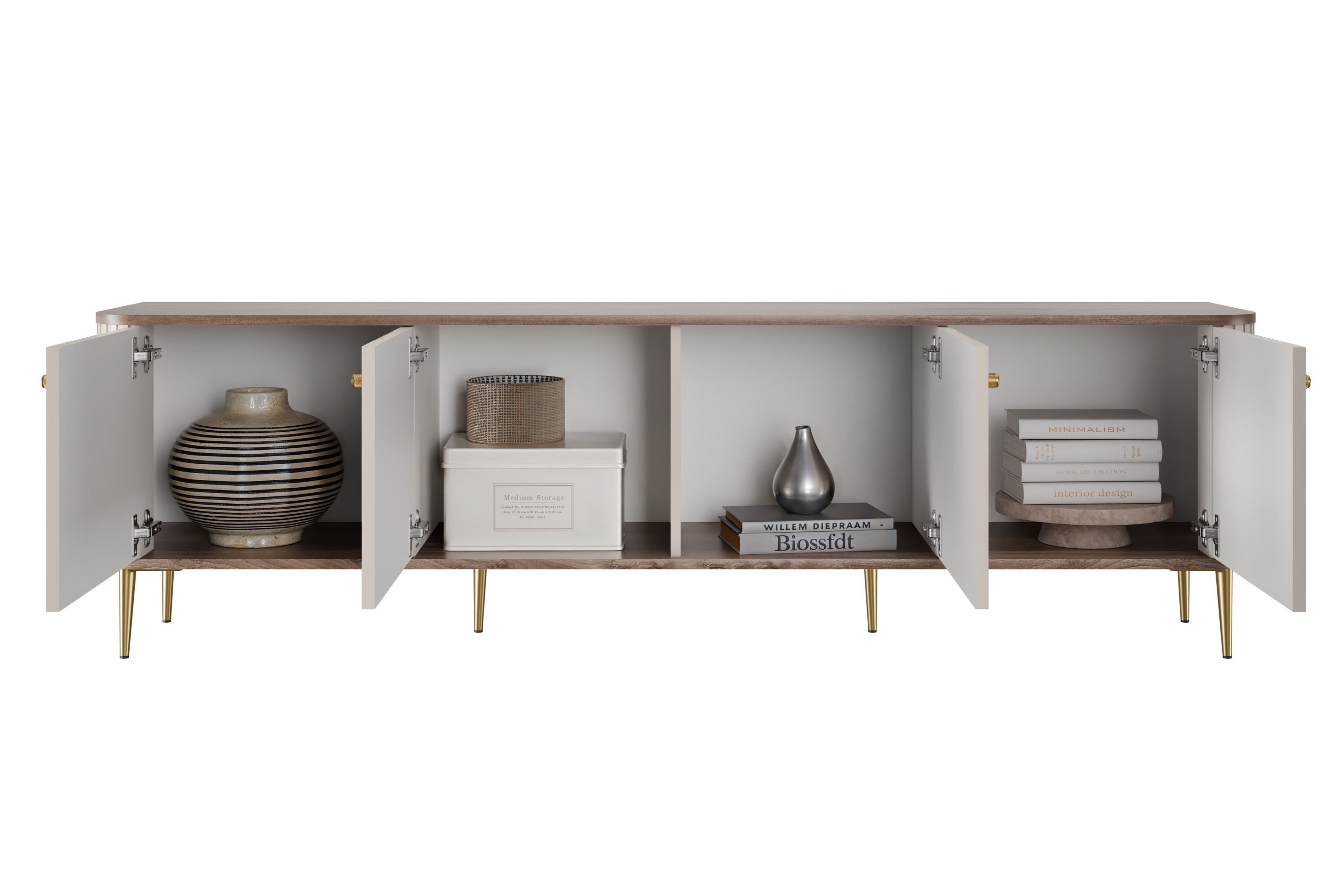 TV stolík Vespera 4D 187 cm - kašmírová / orech / zlaté nožičky TV skrinka Vesper 4D 187 cm - kašmír / Orech / zlote nožičky