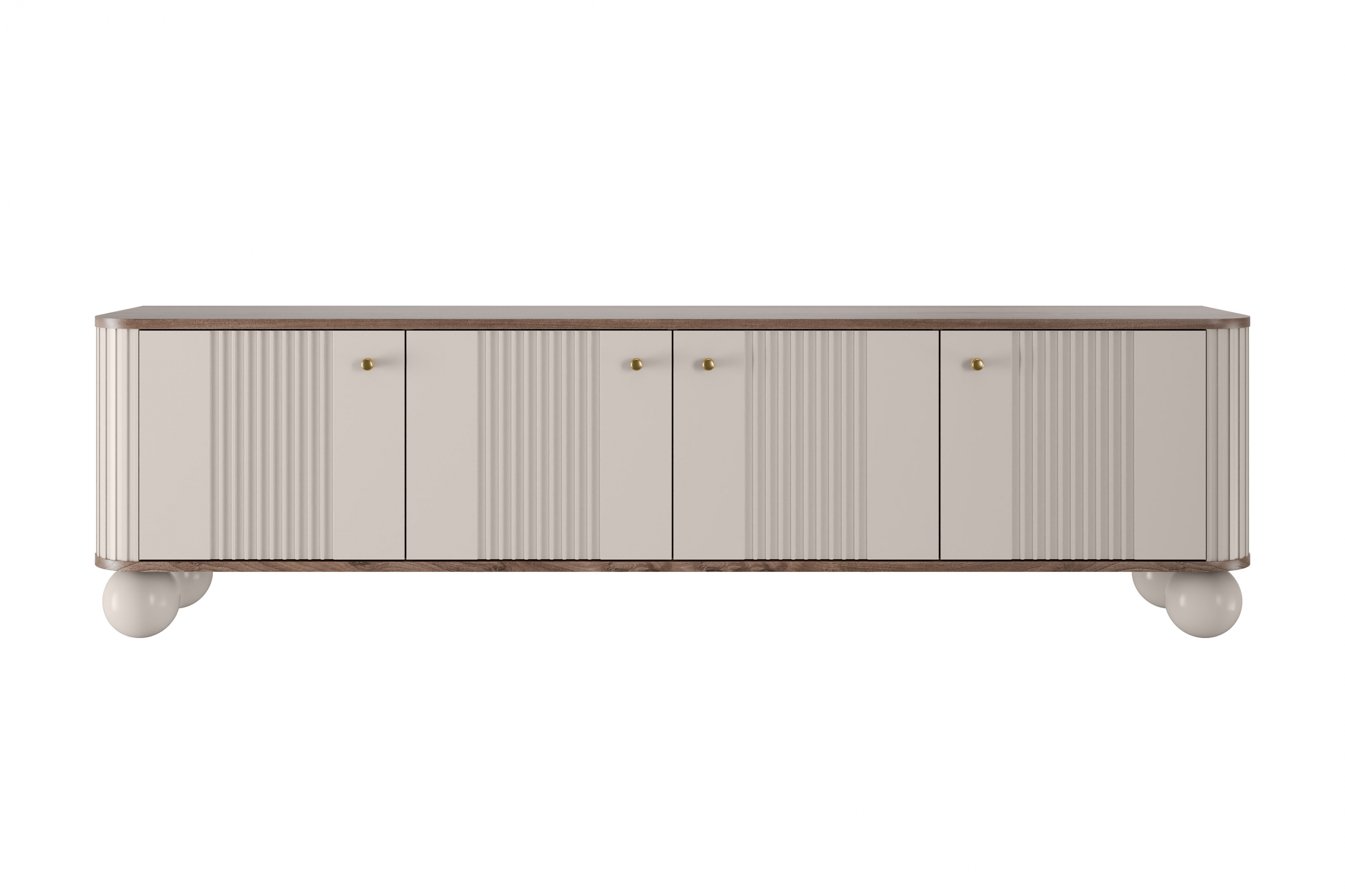 TV stolík Vespera 4D 187 cm - kašmírová / orech / zlatá / kašmírové nohy TV skrinka Vesper 4D 187 cm - kašmír / Orech / zlote úchyty / nožičky kule