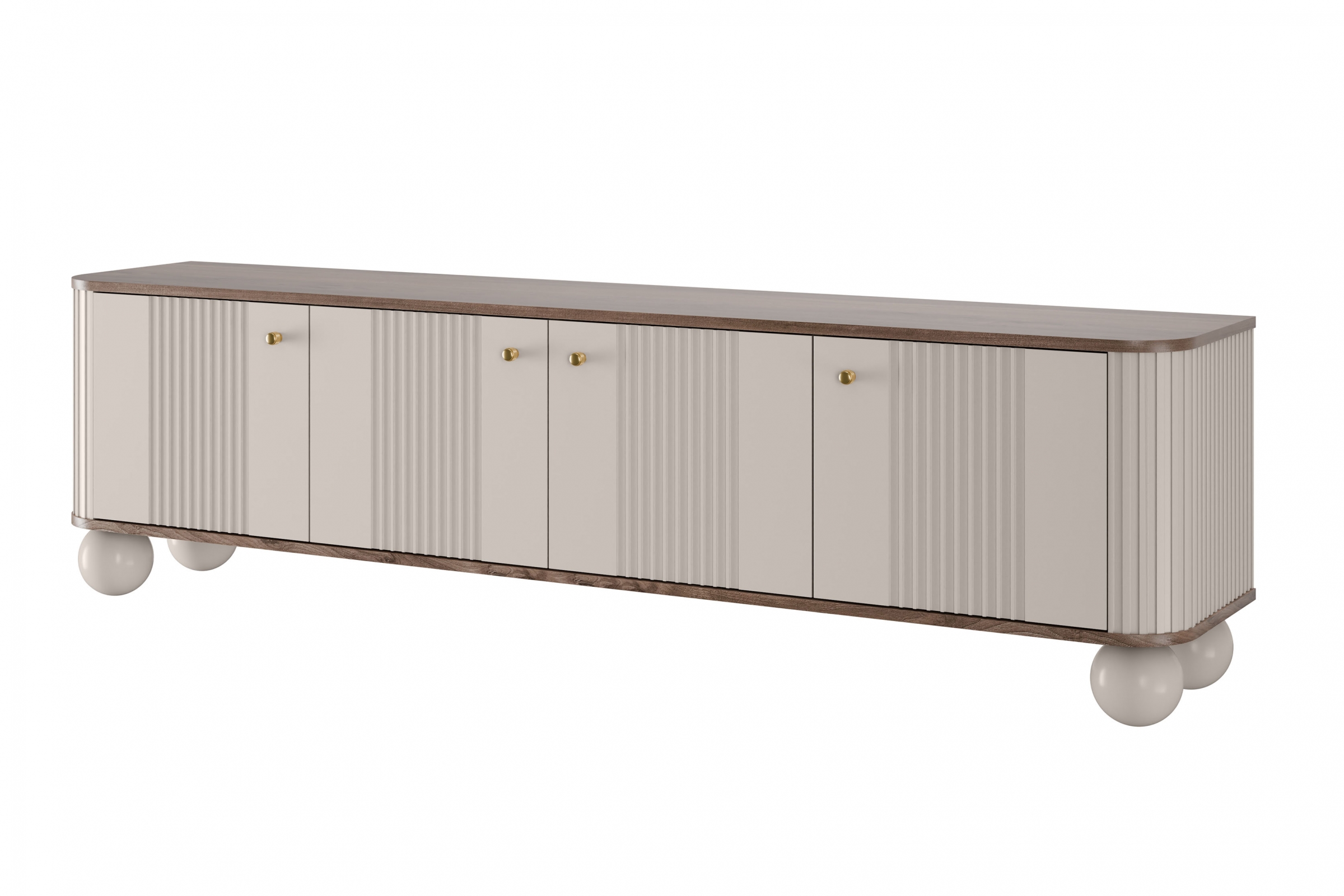 TV stolík Vespera 4D 187 cm - kašmírová / orech / zlatá / kašmírové nohy TV skrinka Vesper 4D 187 cm - kašmír / Orech / zlote úchyty / nožičky kule