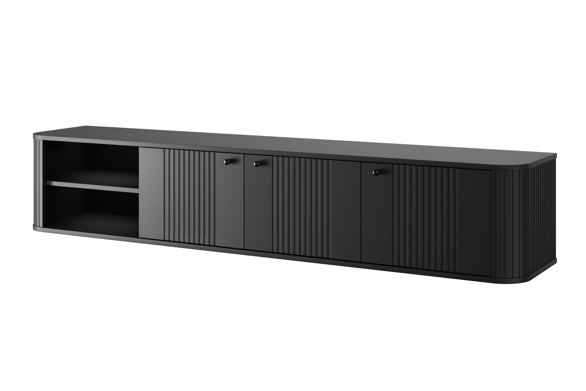 Závěsný TV stolek Vesper 3D 187 cm - černý / černé úchytky Skříňka RTV Vesper závěsná 187 cm - černá / černá Úchytky