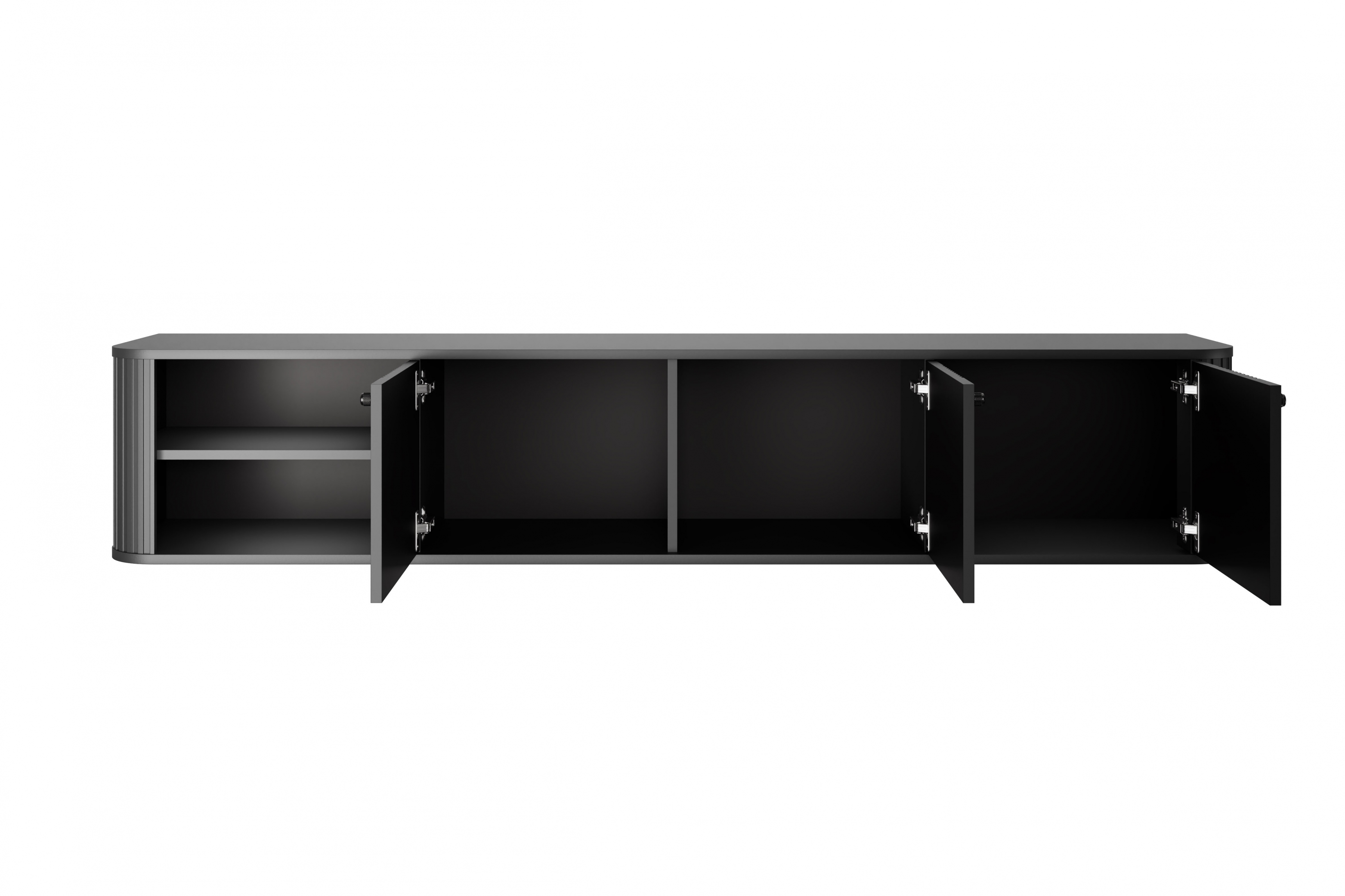 Závěsný TV stolek Vesper 3D 187 cm - černý / černé úchytky Skříňka RTV Vesper závěsná 187 cm - černá / černá Úchytky