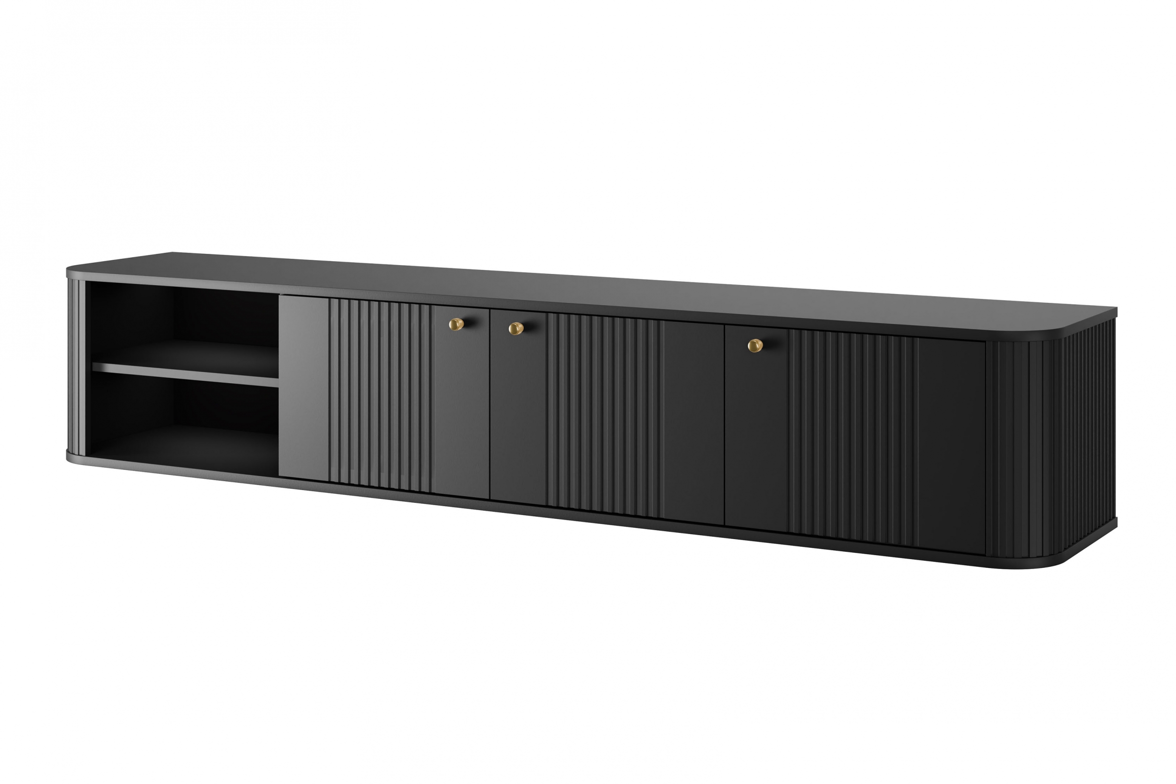 Závesný TV stolík Vespera 3D 187 cm - čierna / zlatá TV skrinka Vesper závesná 187 cm - Čierny / zlote úchyty
