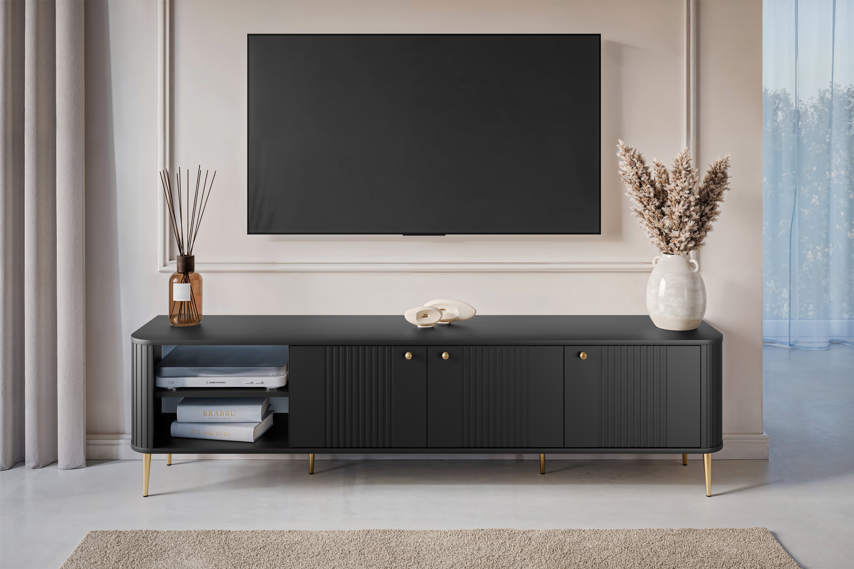 TV stolek Vesper 3D 187 cm - černý / zlaté nožky Skříňka RTV Vespera 3D 187 cm - černá / zlaté Nohy