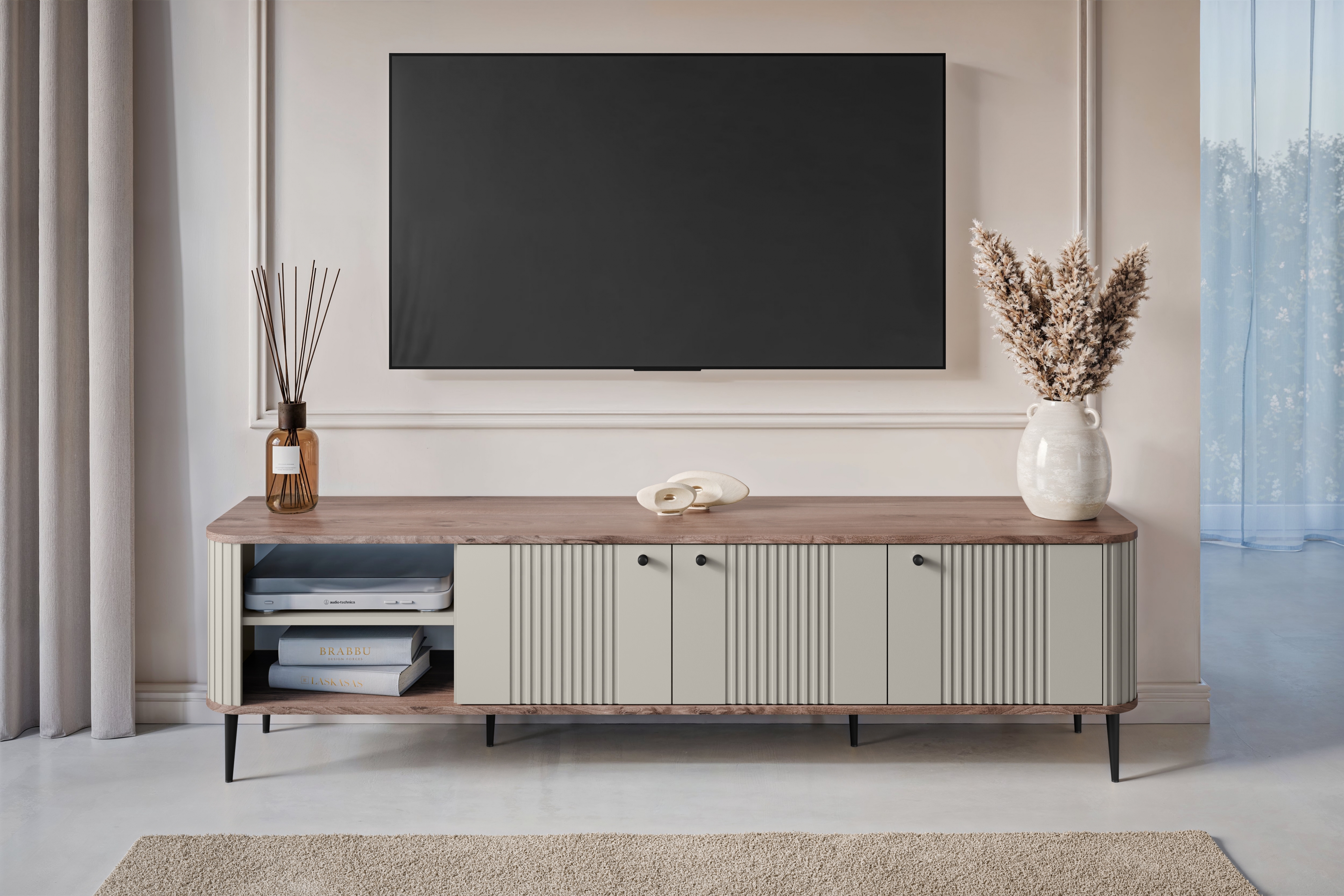 TV stolík Vespera 3D 187 cm - kašmírová / orech / čierne nožičky TV skrinka Vespera 3D 187 cm - kašmír / Orech / čierny nožičky