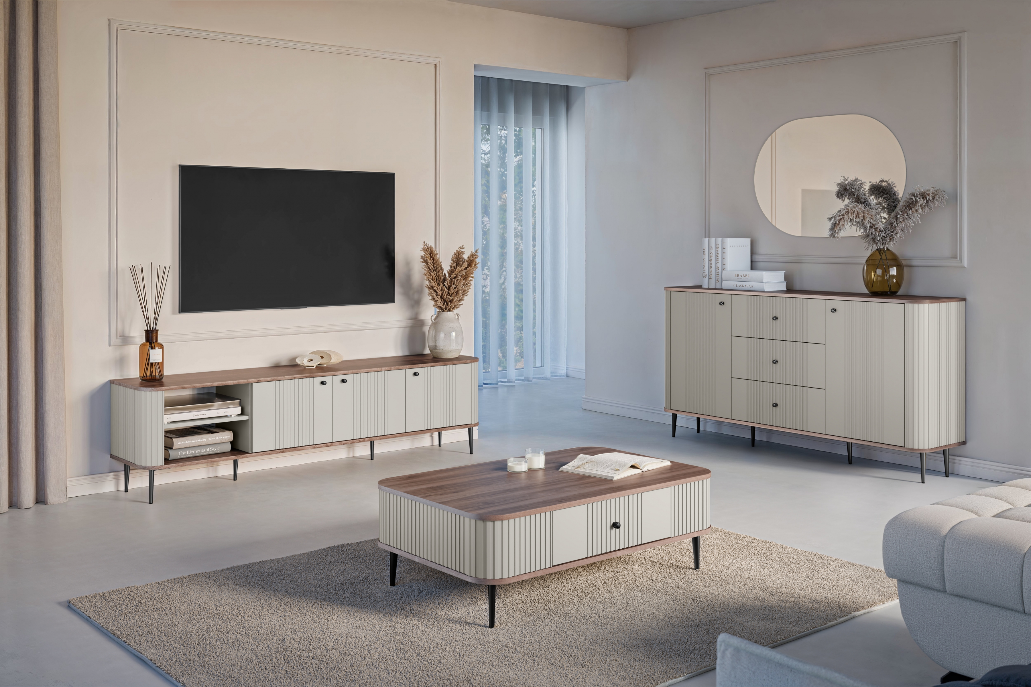 TV stolík Vespera 3D 187 cm - kašmírová / orech / čierne nožičky TV skrinka Vespera 3D 187 cm - kašmír / Orech / čierny nožičky