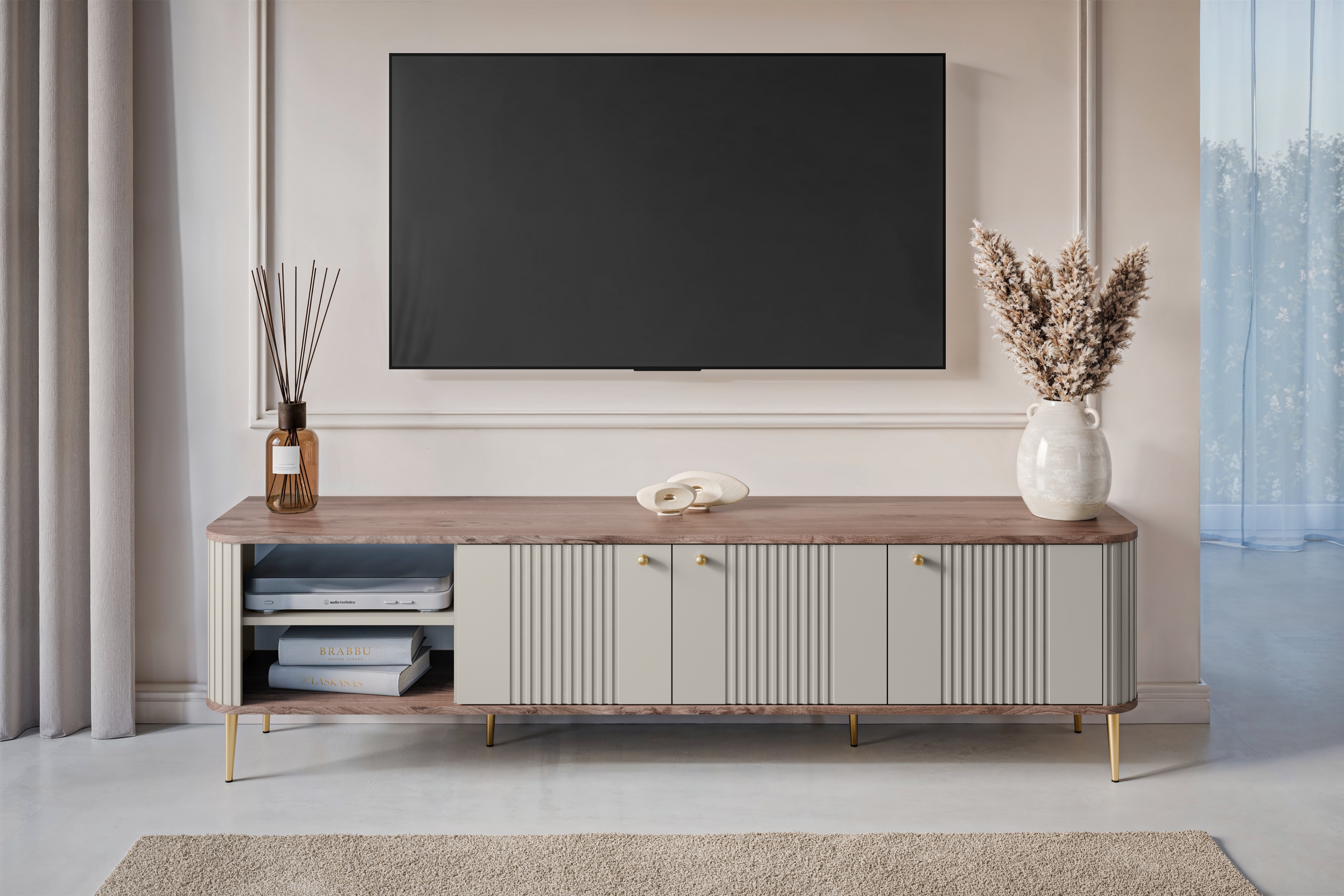 TV stolek Vesper 3D 187 cm - kašmírový / dekor ořech / zlaté nožky Skříňka RTV Vespera 3D 187 cm - kašmír / ořech / zlaté Nohy