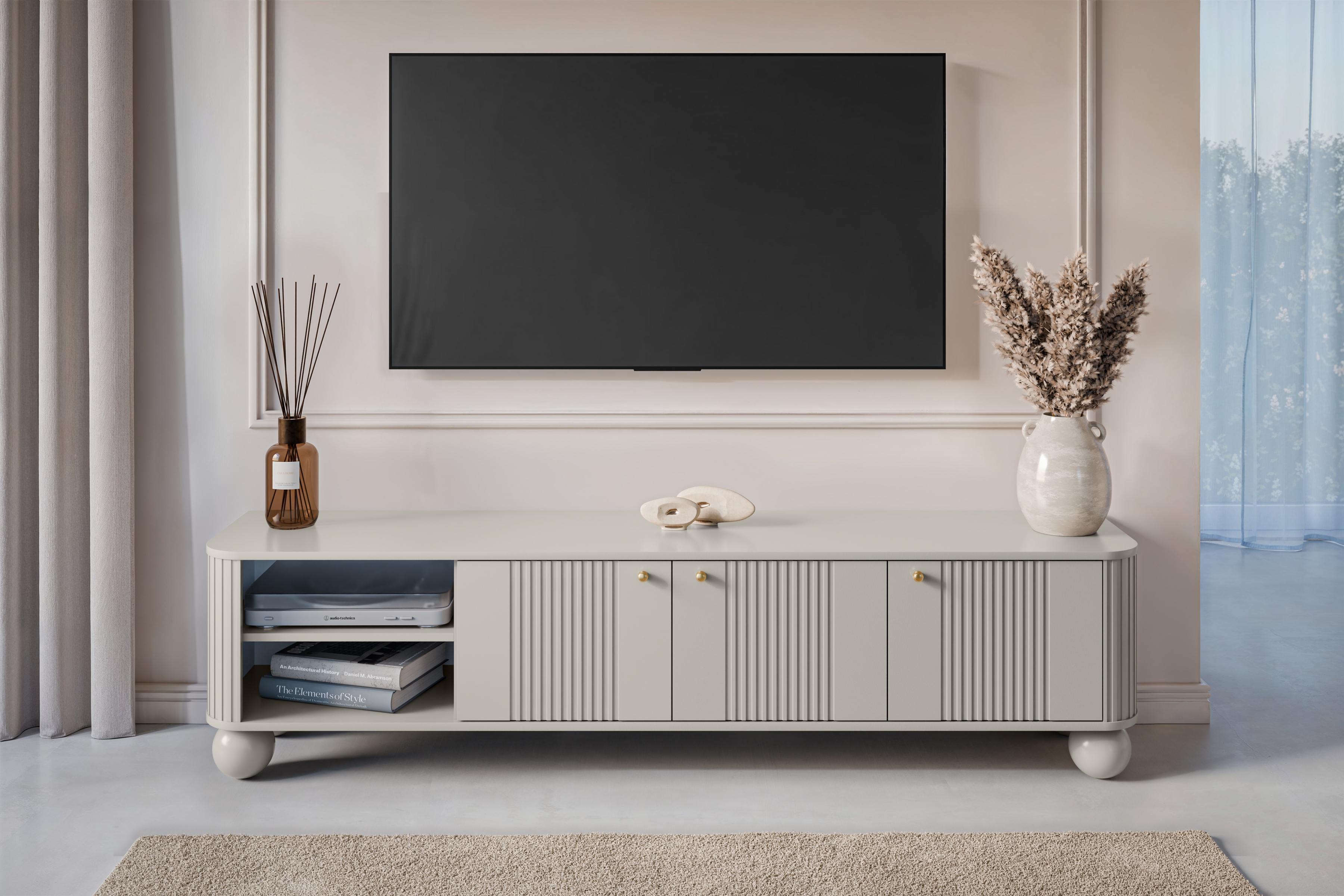 TV stolek Vesper 3D 187 cm - kašmírový / zlaté úchytky / kulaté nožky kašmír Skříňka RTV Vespera 3D 187 cm - kašmír / zlaté Úchytky / kaszmirowe Nohy kule