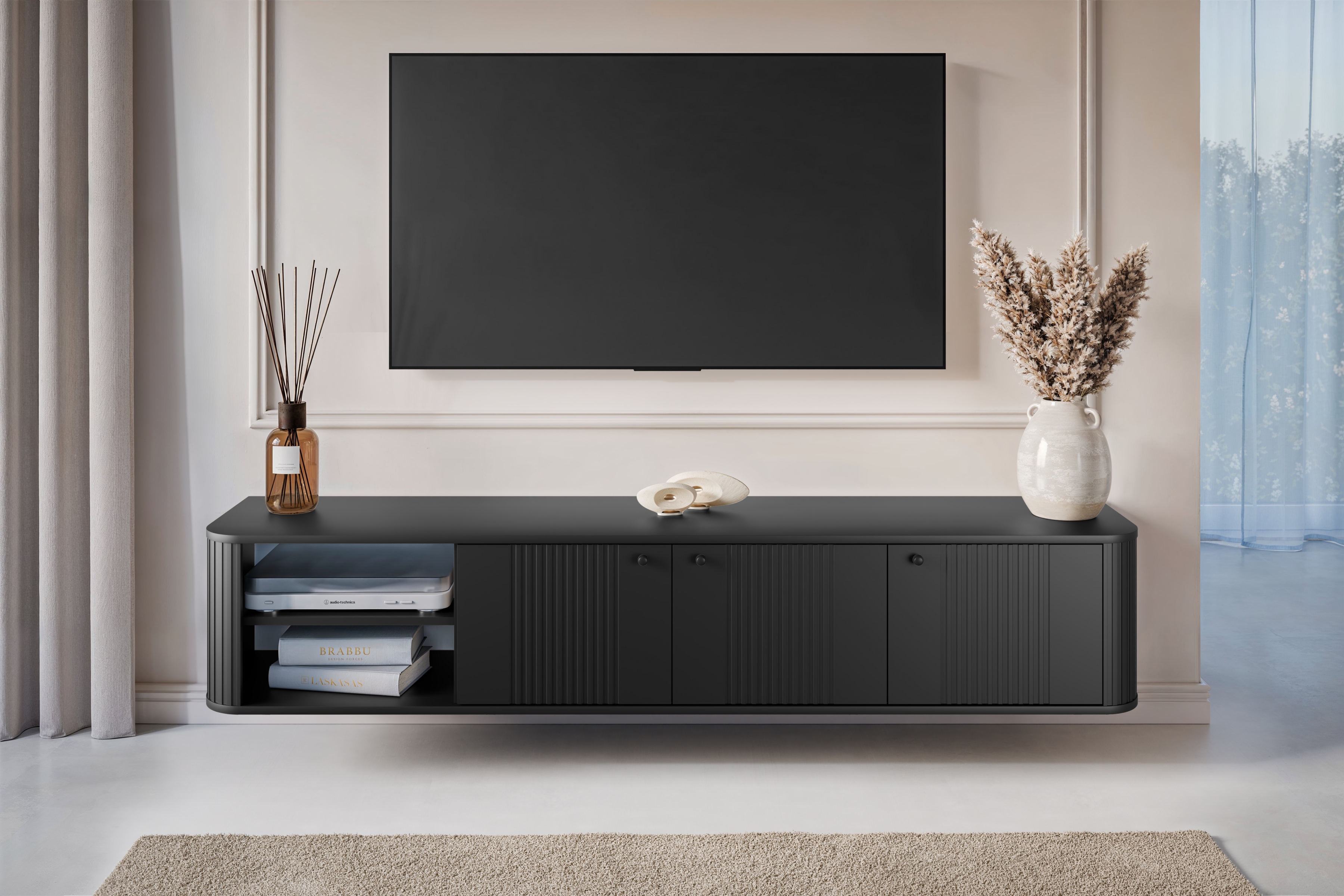 Závěsný TV stolek Vesper 3D 187 cm - černý / černé úchytky Skříňka RTV Vespera 3D závěsná 187 cm - černá / černá Úchytky