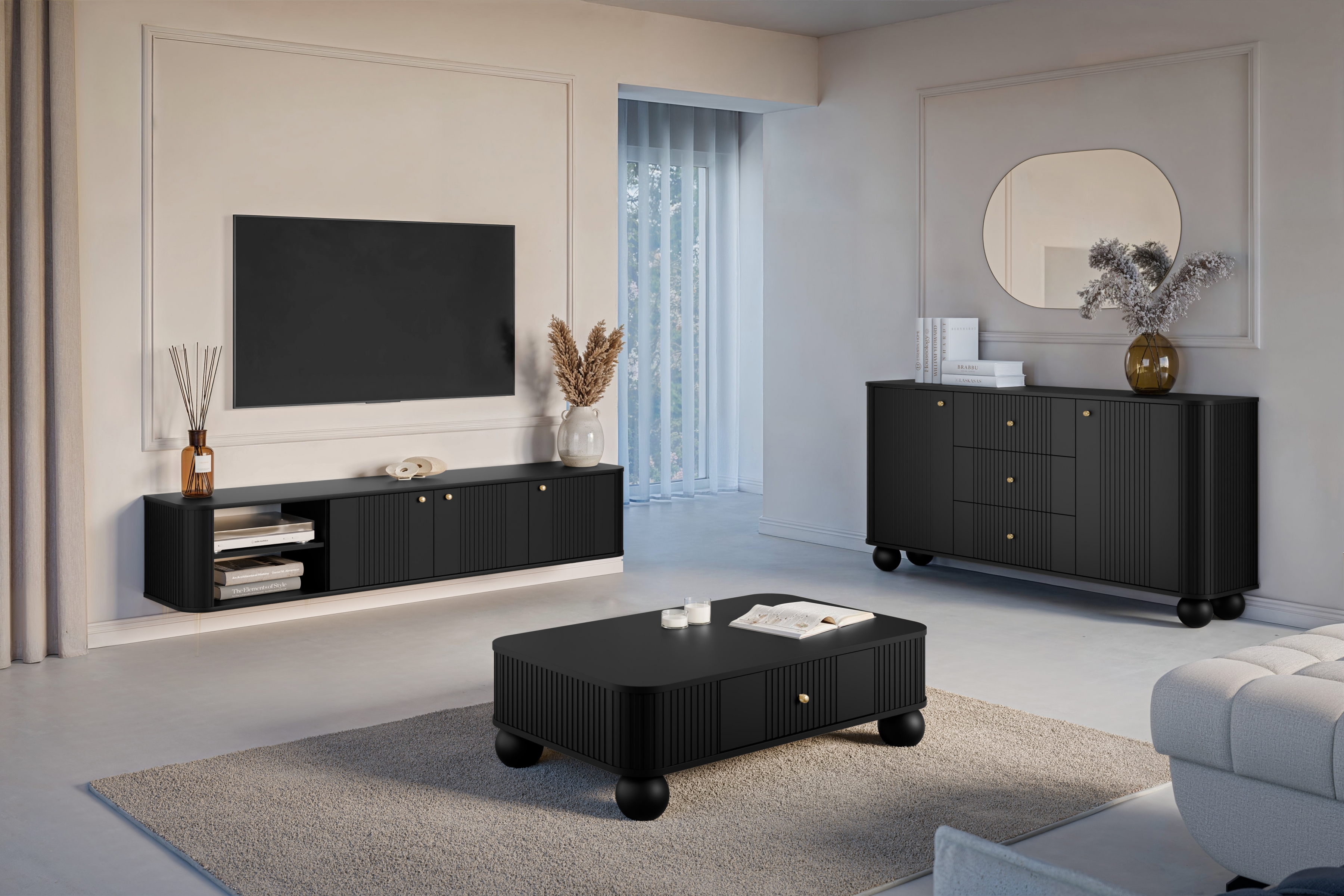 Závesný TV stolík Vespera 3D 187 cm - čierna / zlatá TV skrinka Vespera 3D závesná 187 cm - Čierny / zlote úchyty