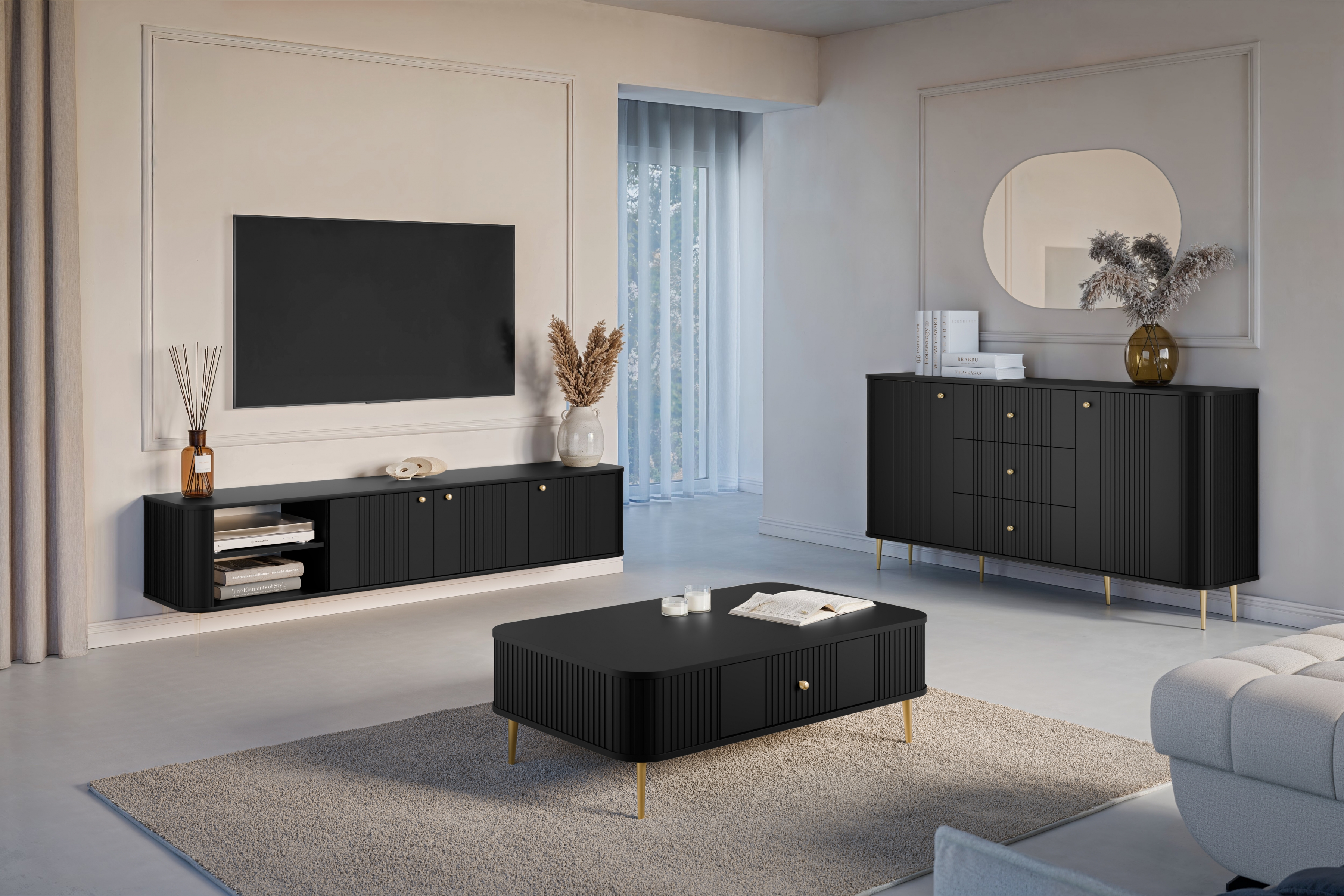 Závesný TV stolík Vespera 3D 187 cm - čierna / zlatá TV skrinka Vespera 3D závesná 187 cm - Čierny / zlote úchyty