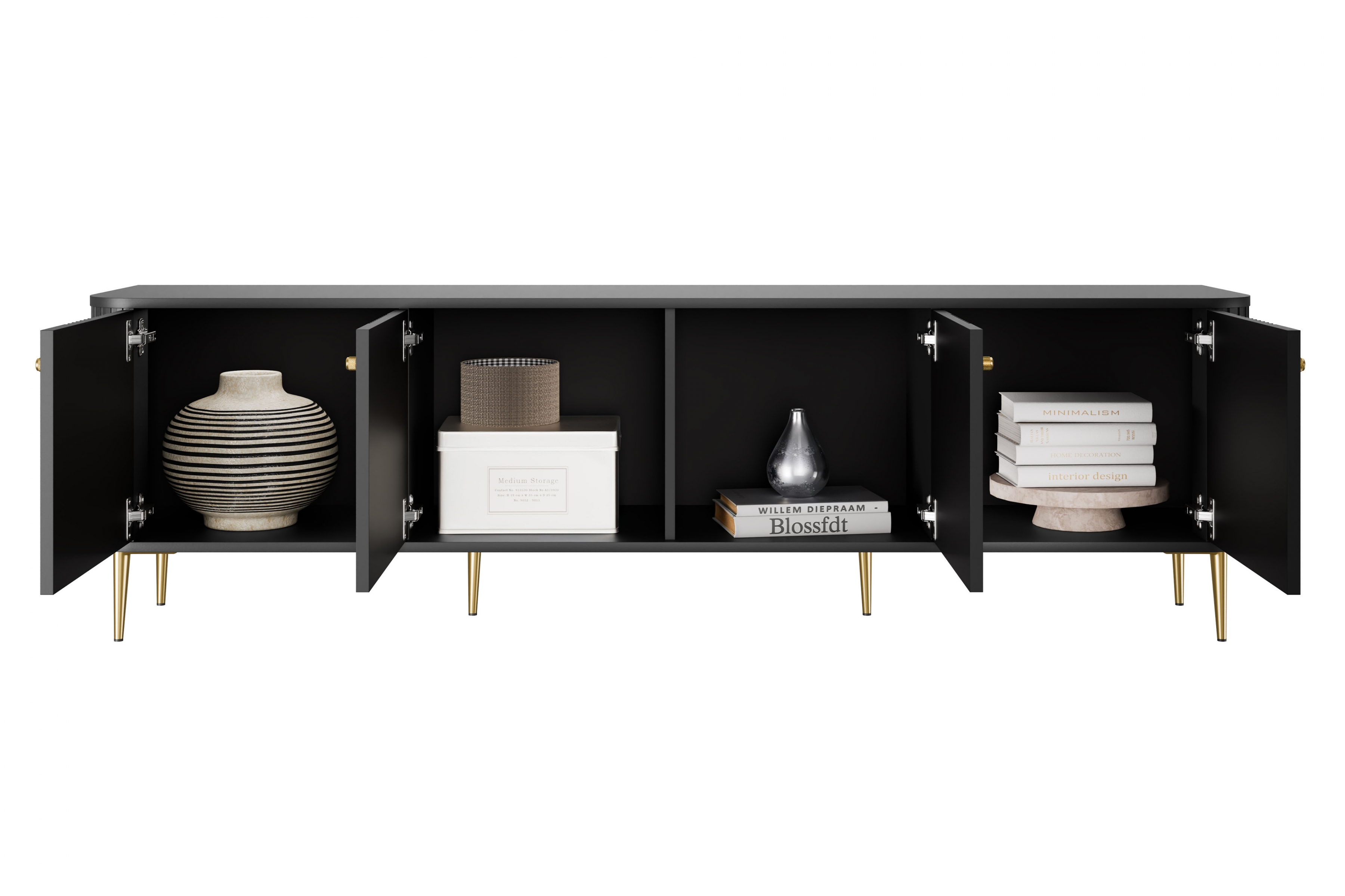 TV stolek Vesper 4D 187 cm - černý / zlaté nožky Skříňka RTV Vespera 4D 187 cm - černá / zlaté Nohy