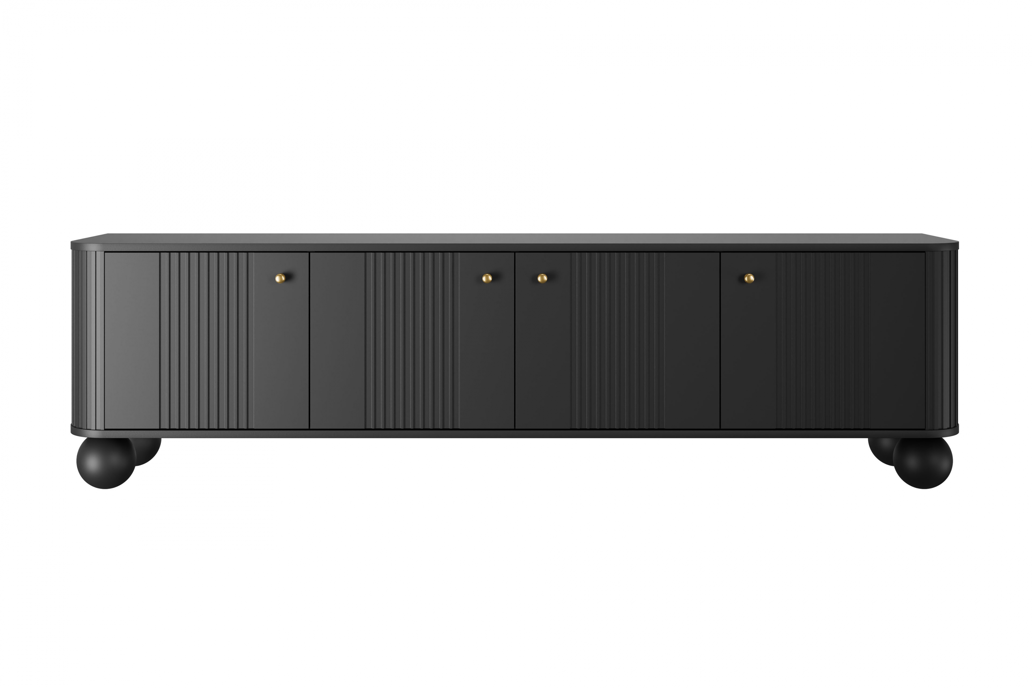 TV stolek Vesper 4D 187 cm - černý / zlaté úchytky / kulaté černé nožky Skříňka RTV Vespera 4D 187 cm - černá / zlaté Úchytky