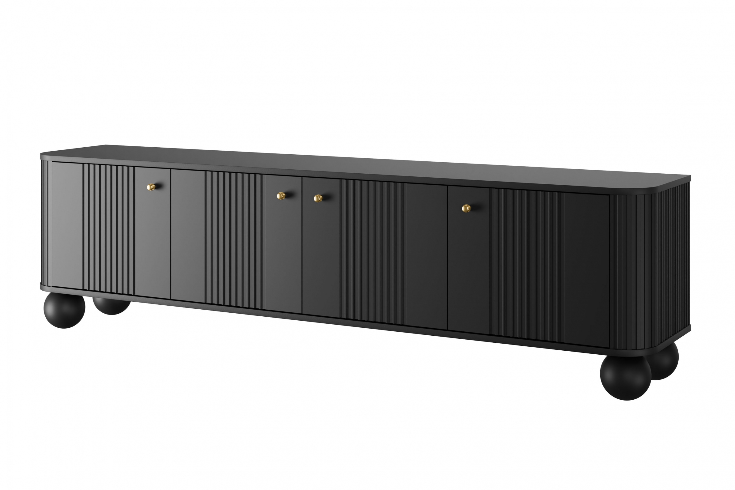 TV stolek Vesper 4D 187 cm - černý / zlaté úchytky / kulaté černé nožky Skříňka RTV Vespera 4D 187 cm - černá / zlaté Úchytky