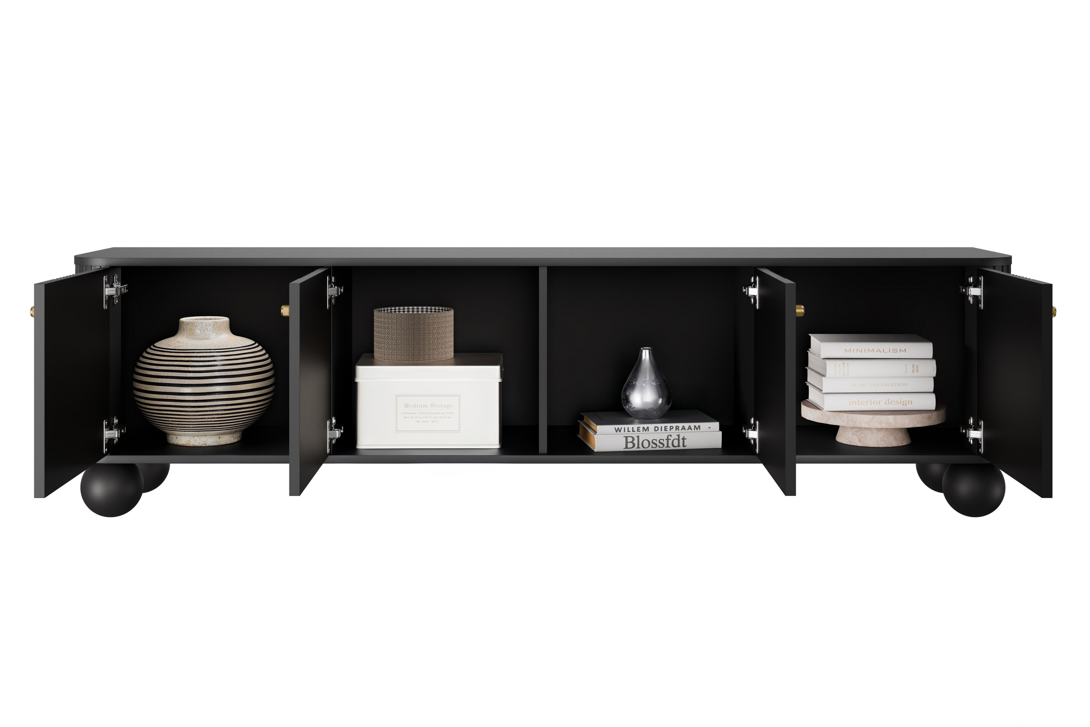 TV stolek Vesper 4D 187 cm - černý / zlaté úchytky / kulaté černé nožky Skříňka RTV Vespera 4D 187 cm - černá / zlaté Úchytky