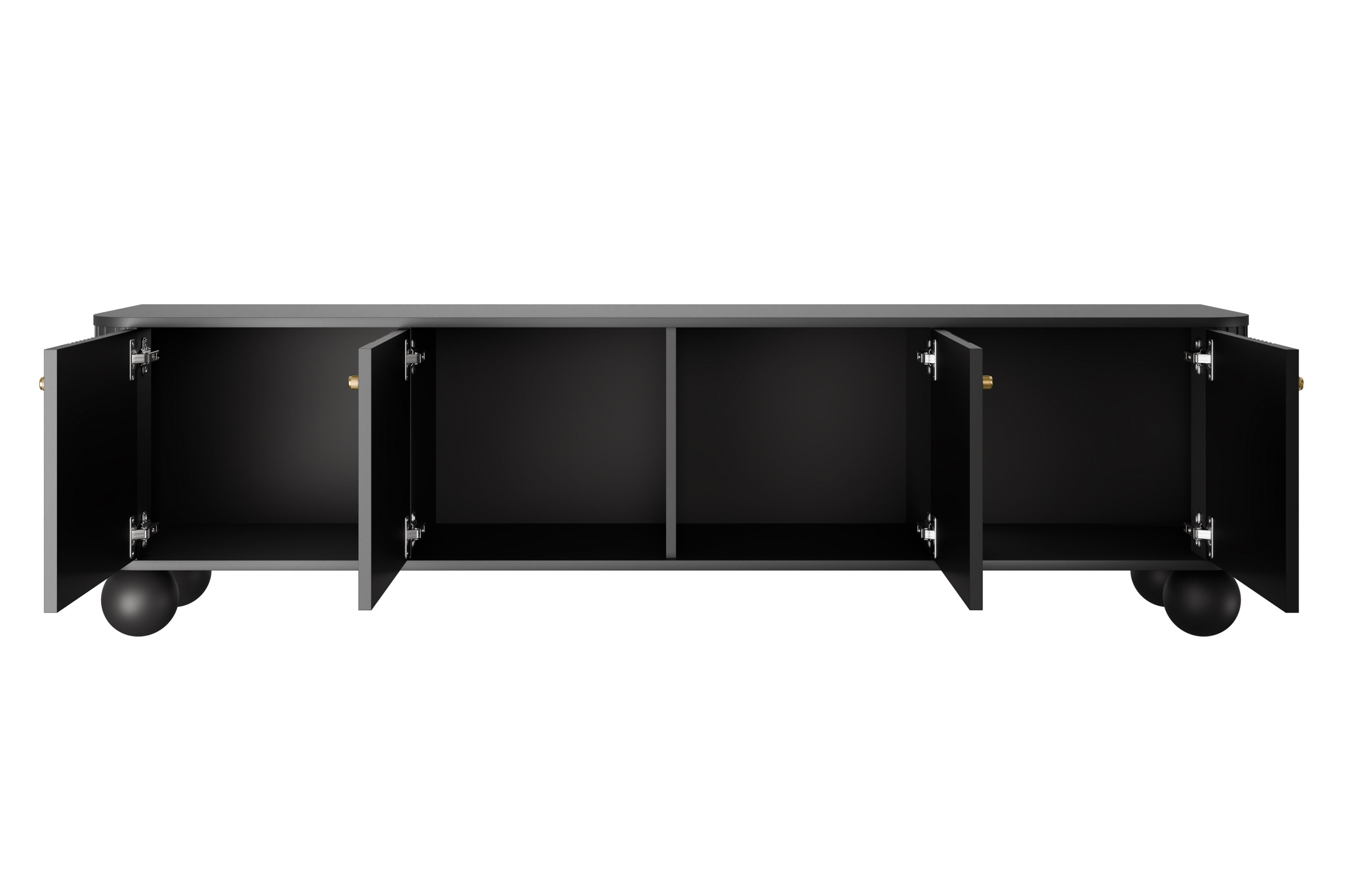 TV stolek Vesper 4D 187 cm - černý / zlaté úchytky / kulaté černé nožky Skříňka RTV Vespera 4D 187 cm - černá / zlaté Úchytky