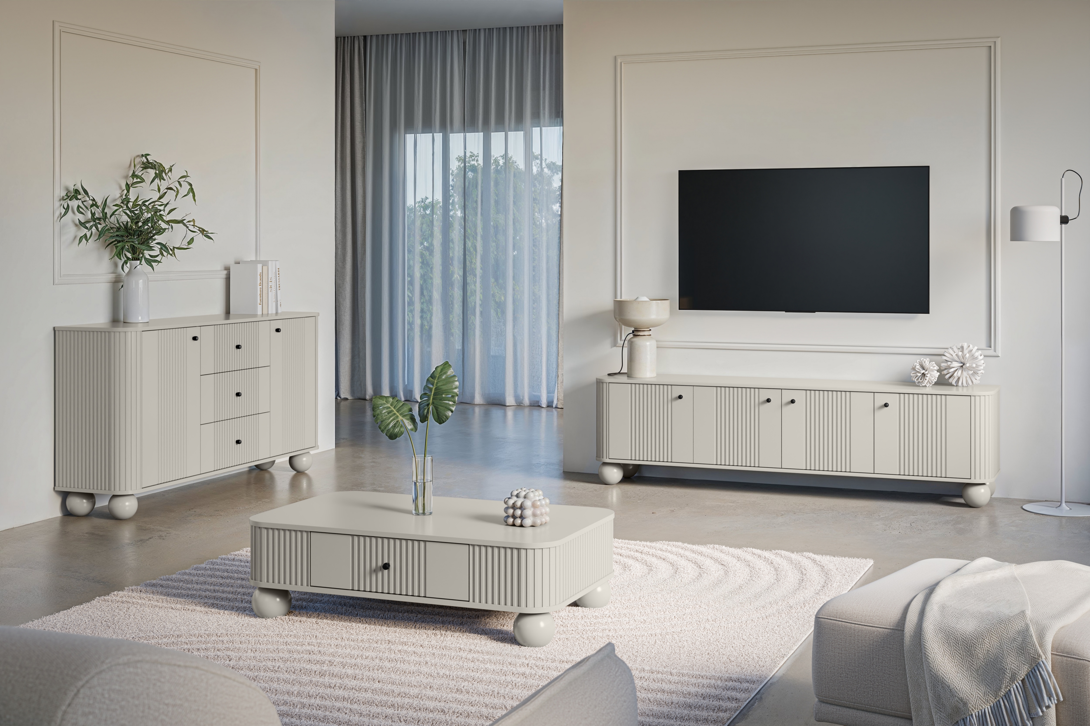 TV stolík Vespera 4D 187 cm - kašmírová / čierna / kašmírové nohy TV skrinka Vespera 4D 187 cm - kašmír / čierny úchyty / kaszmirowe nožičky kule