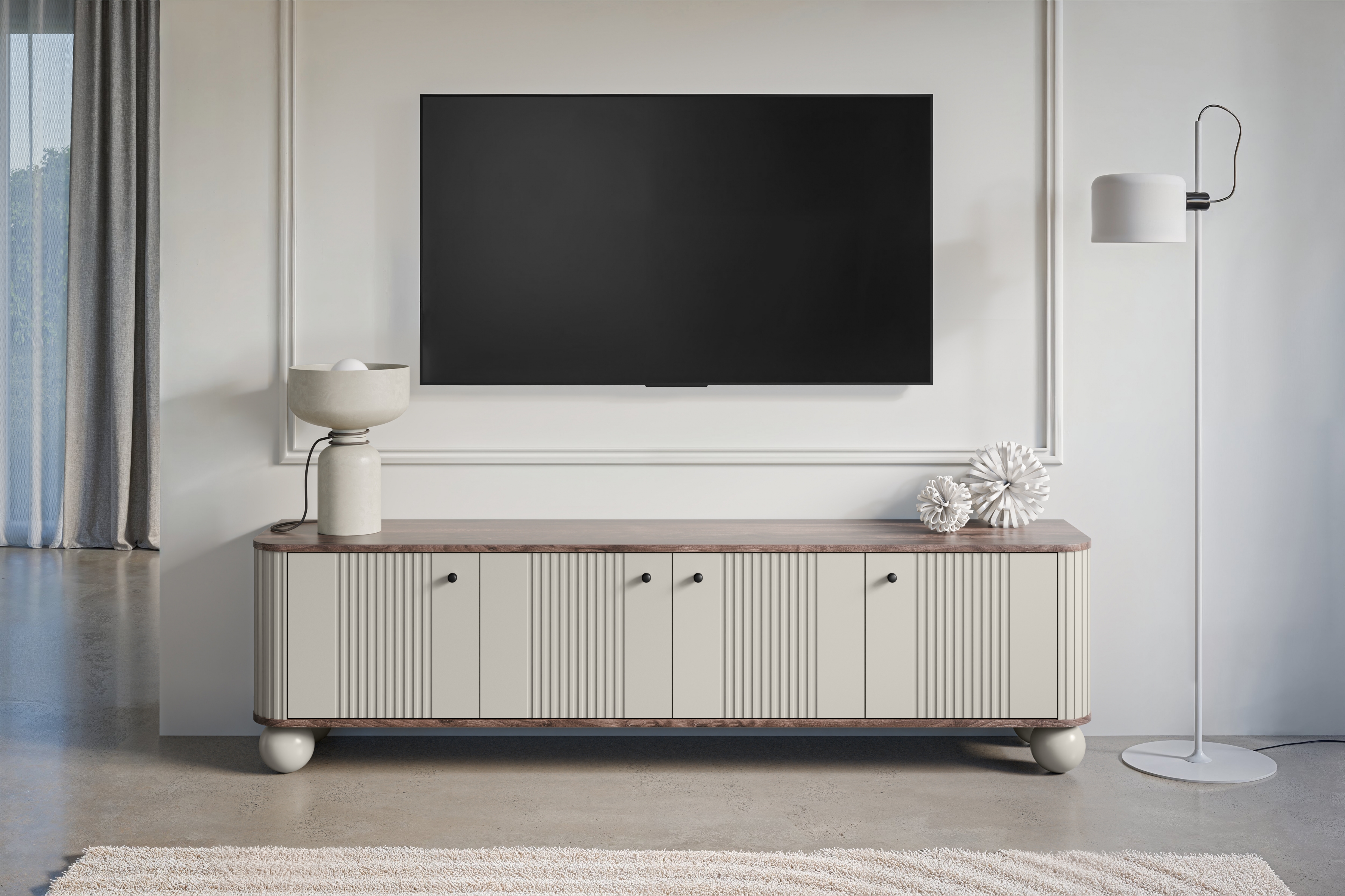 TV stolek Vesper 4D 187 cm - kašmírový / dekor ořech / černé úchytky / kulaté kašmírové nožky Skříňka RTV Vespera 4D 187 cm - kašmír / ořech / černá Úchytky / kaszmirowe Nohy kule
