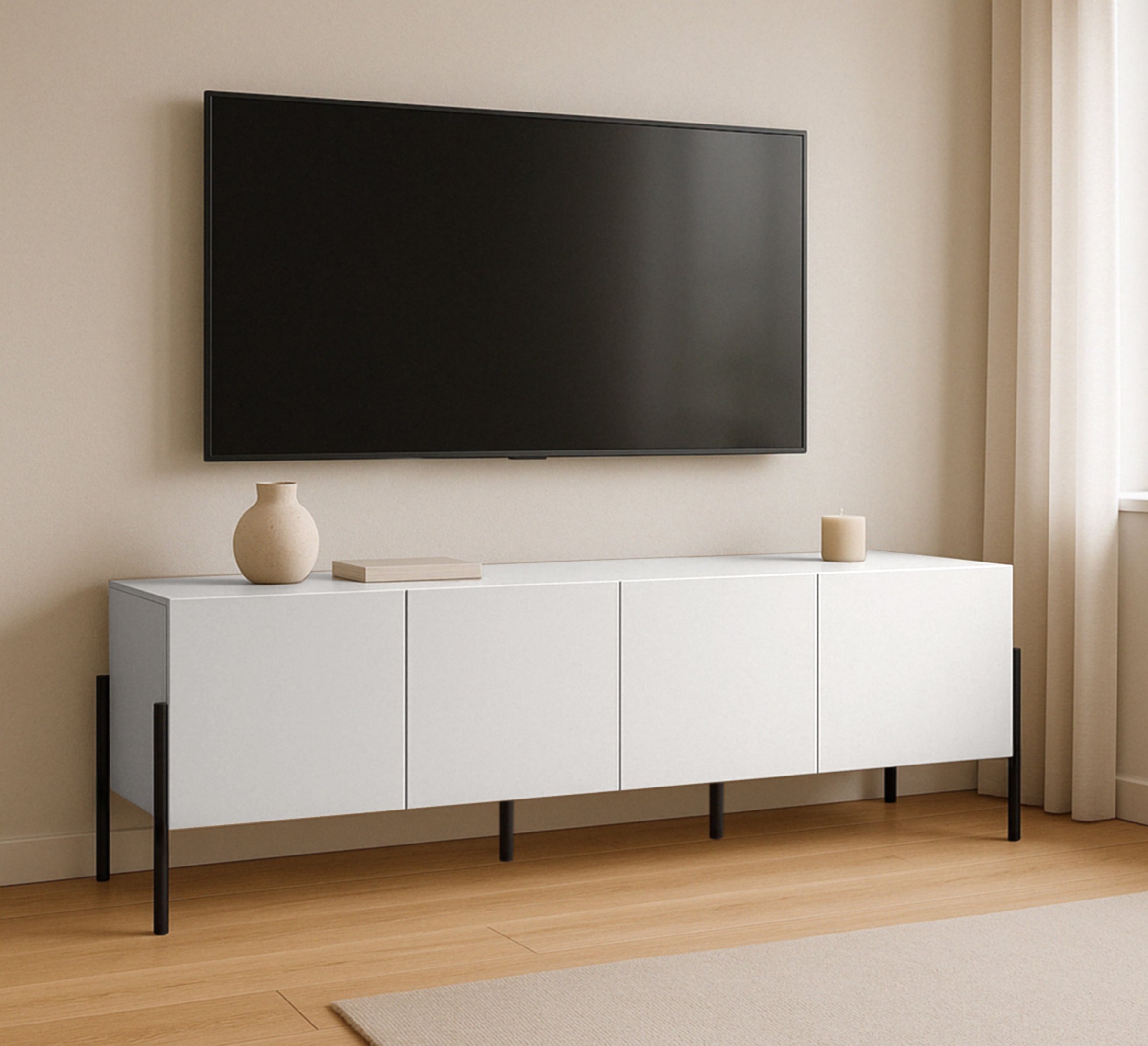 TV skrinka Jukon 204 cm - biely supermat / čierne nožičky TV skrinka Wezilo 204 cm - Biely supermat / čierny nožičky