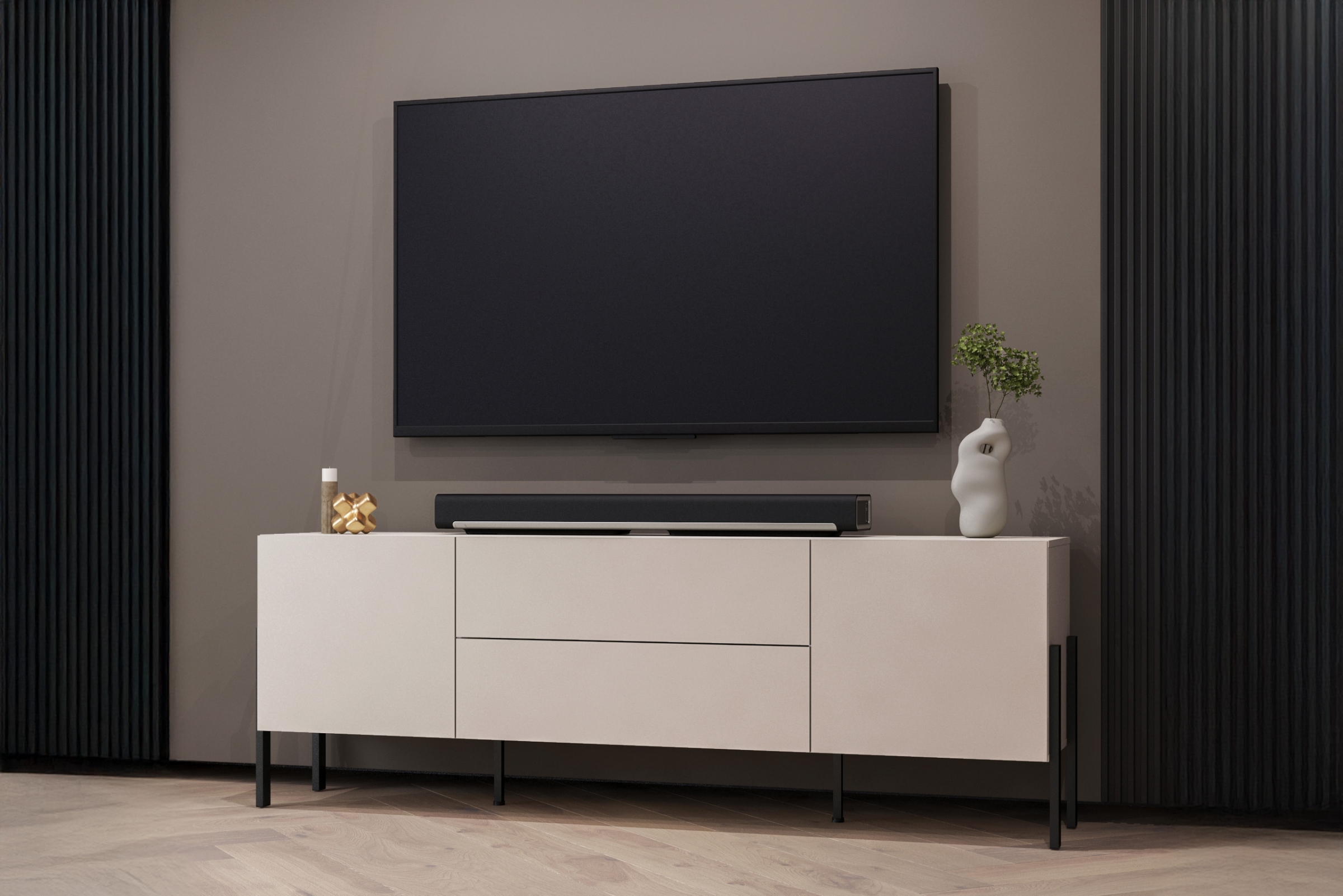 TV stolek Jukon 204 cm se zásuvkami - kašmír / černé nožky skříňka RTV Wezilo 40 se zásuvkami 204 cm - kašmír / černé nožičky