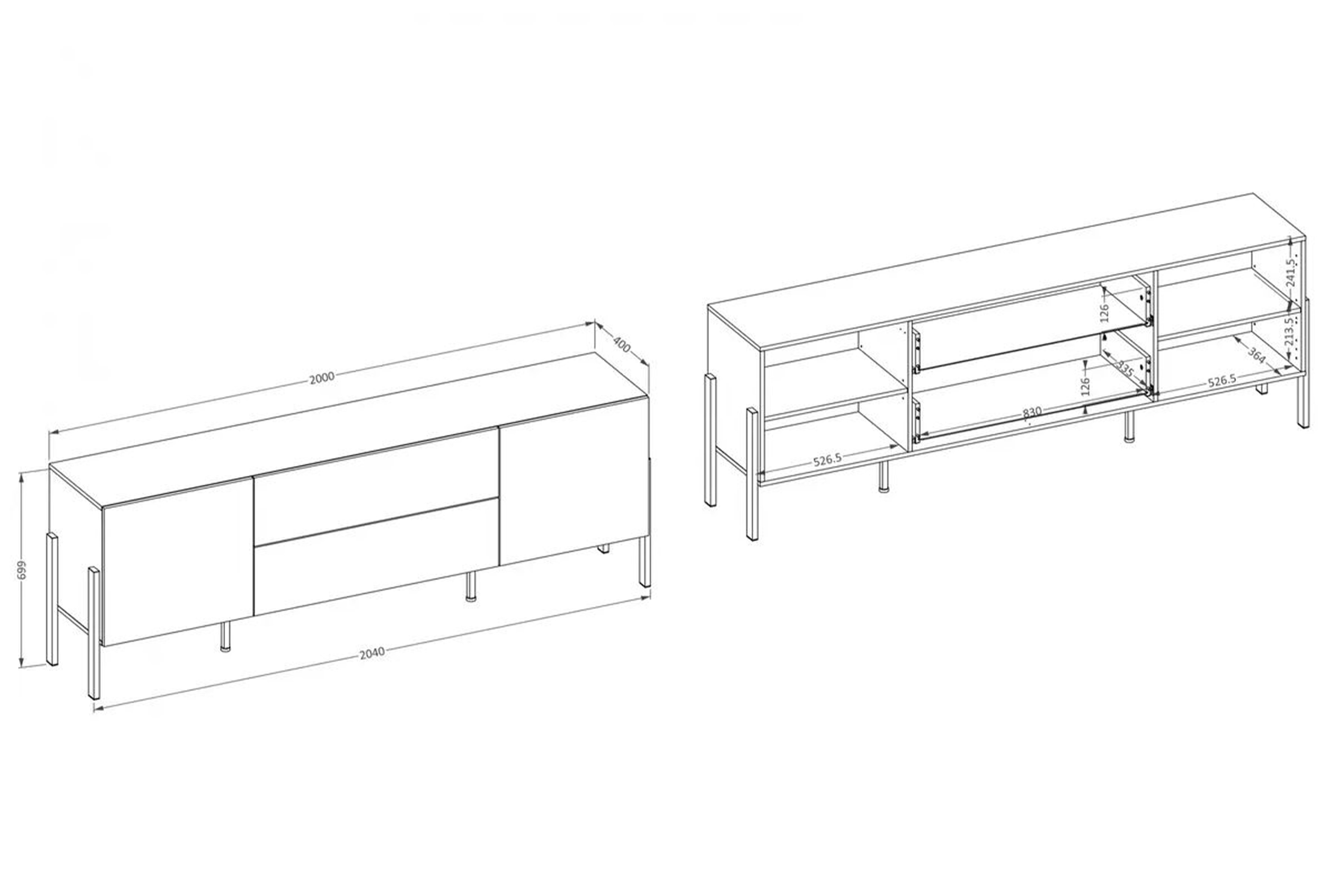 TV skrinka Jukon so zásuvkami 204 cm - biely supermat / čierne nožičky TV skrinka Wezilo so zásuvkami 204 cm - Biely supermat / čierny nožičky