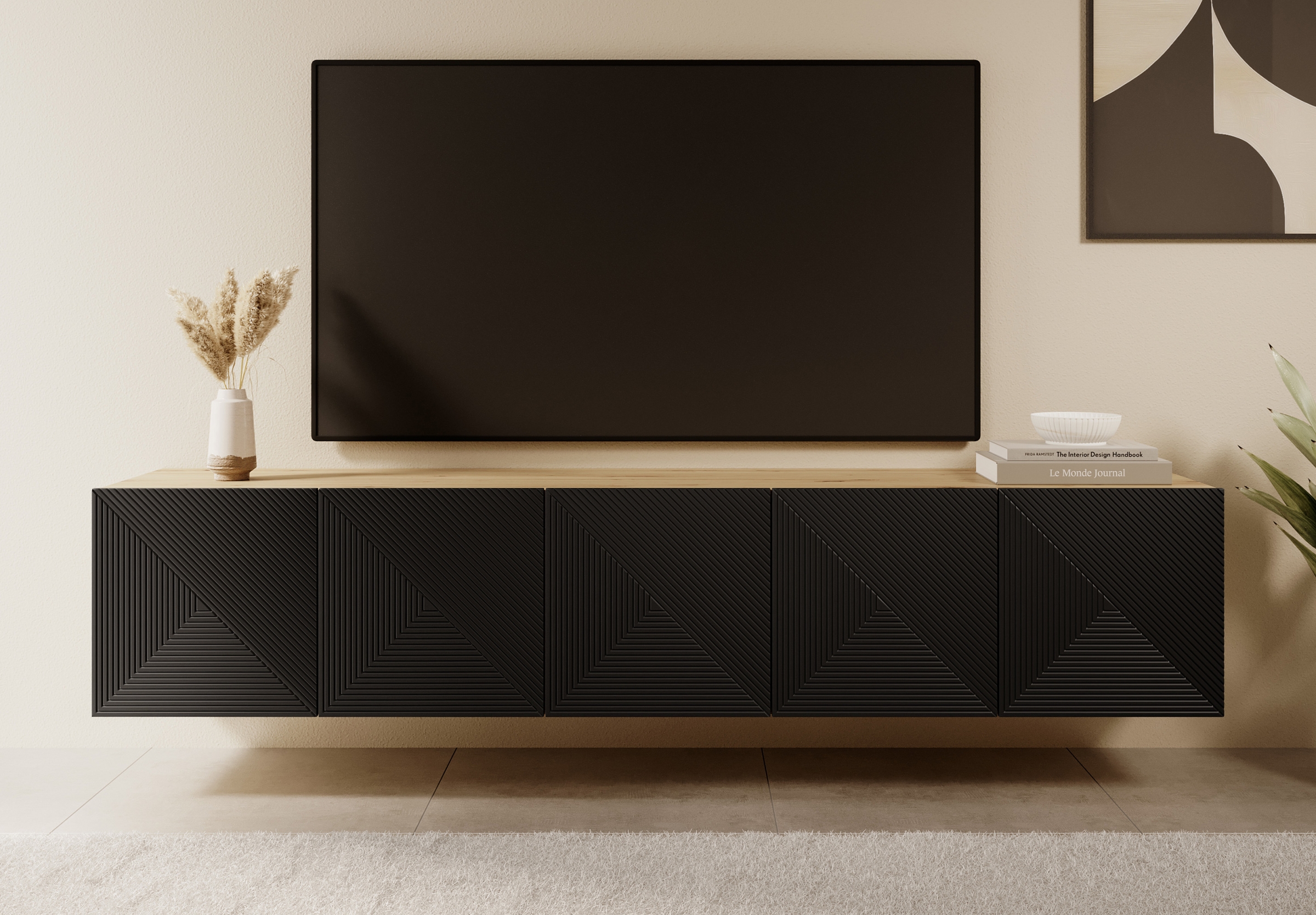 Závěsný TV stolek Asha 200 cm s frézovaným čelem - dub artisan / černý mat skříňka RTV závěsná Asha 200 cm s frézovanou přední částí - artisan / černá mat