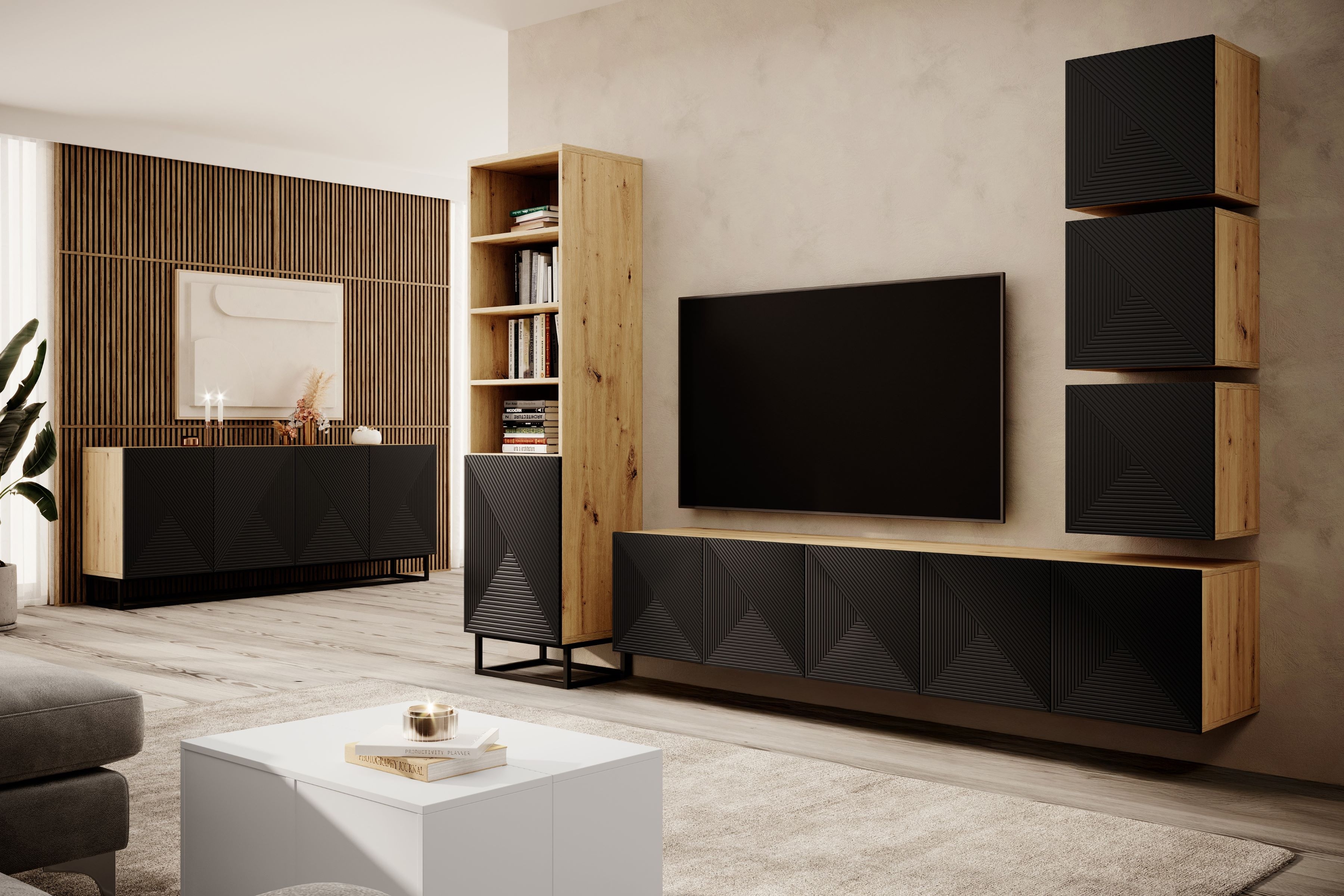 Závěsný TV stolek Asha 200 cm s frézovaným čelem - dub artisan / černý mat skříňka RTV závěsná Asha 200 cm s frézovanou přední částí - artisan / černá mat