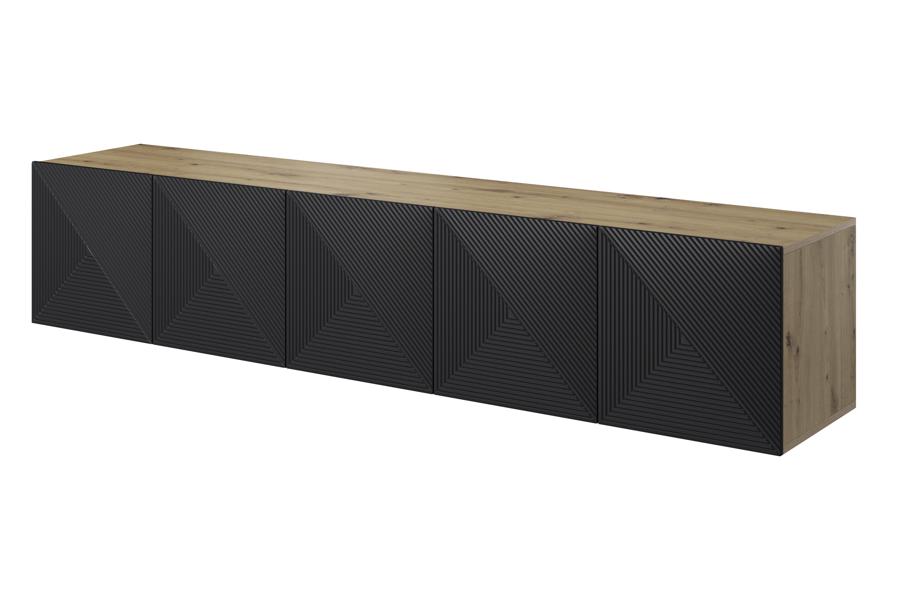 Závěsný TV stolek Asha 200 cm s frézovaným čelem - dub artisan / černý mat Skříňka RTV závěsná Asha 200 cm s frézovanou přední částí - artisan / černá mat