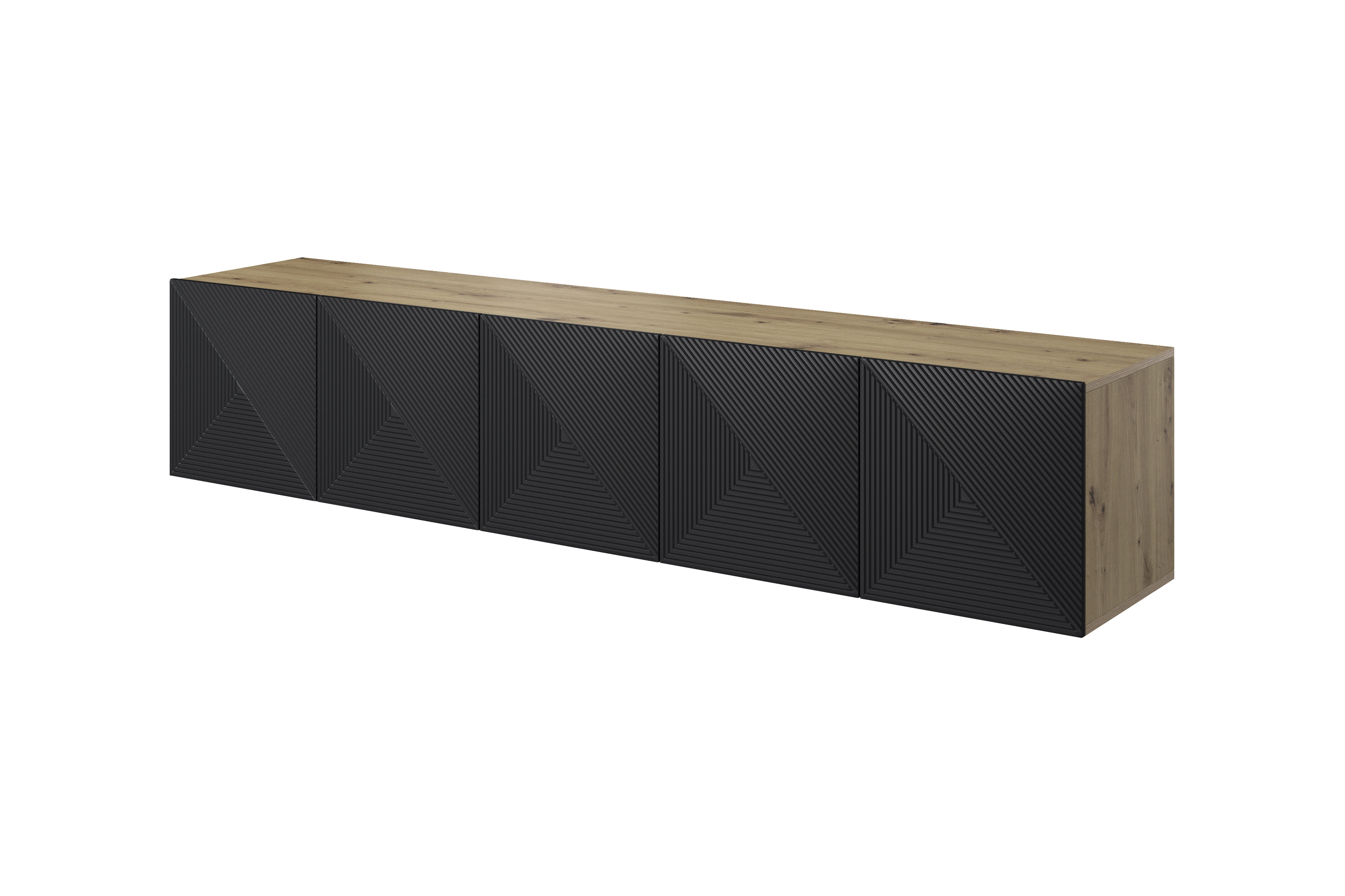 Závesná skrinka RTV Asha 200 cm s ryhovaným čelom - artisan / čierny mat TV skrinka závesná Asha 200 cm s frézovaným frontom - artisan / Čierny mat