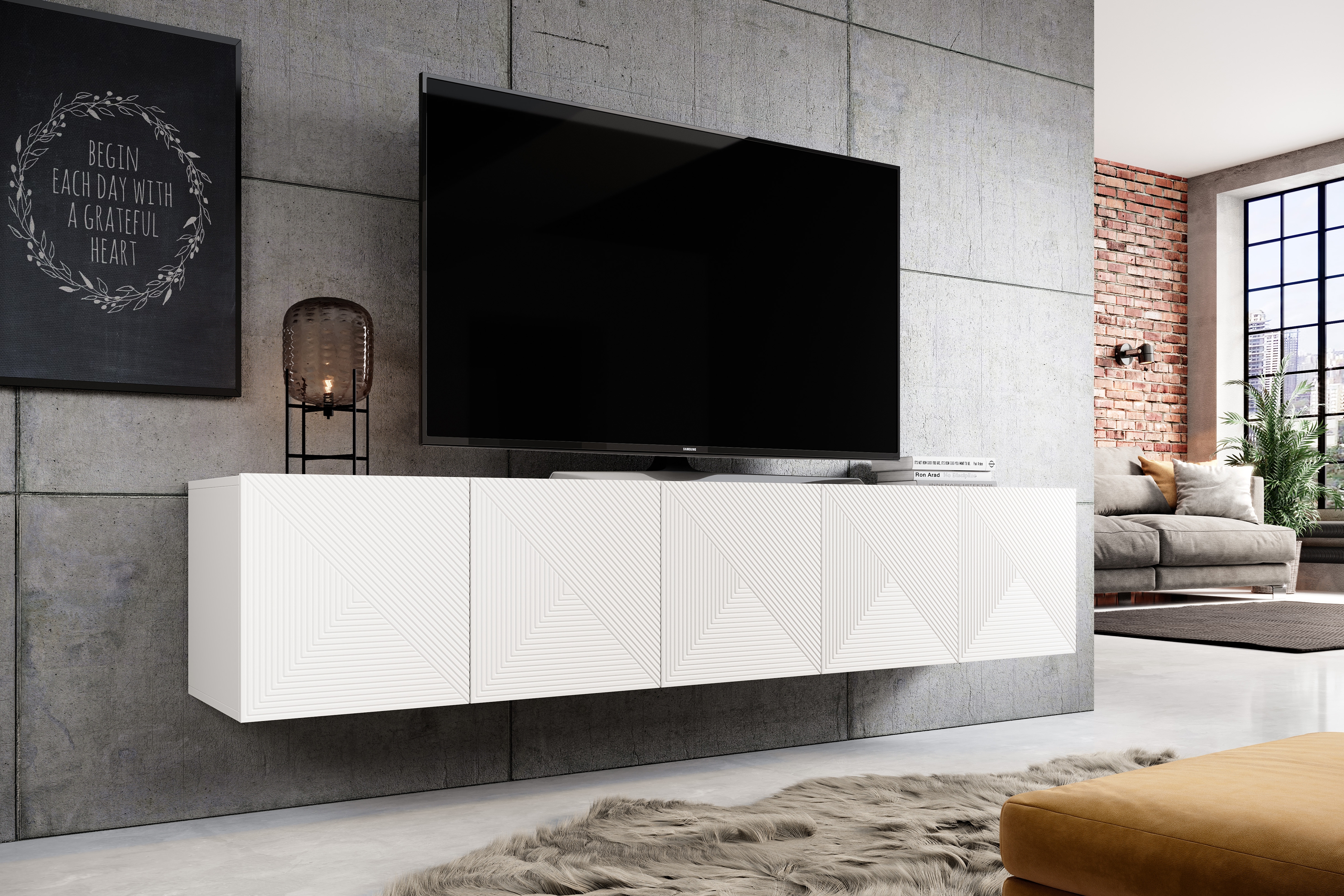 Závěsný TV stolek Asha 200 cm - bílý mat Skříňka RTV závěsná Asha 200 cm s frézovanou přední částí - bílý mat