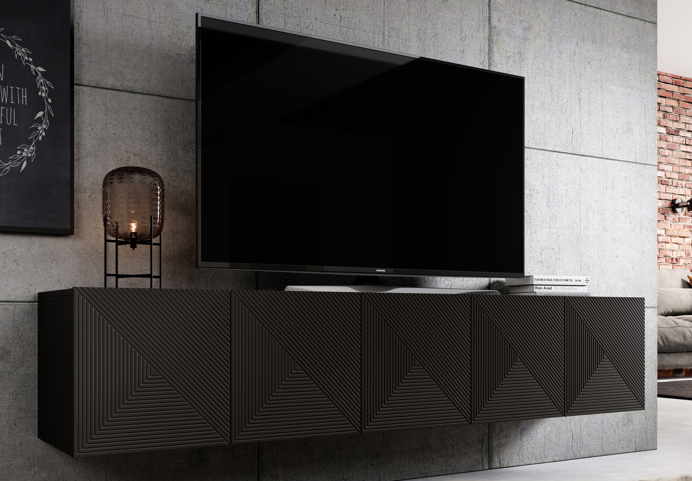 Závěsná TV skříňka Asha 200 cm s drážkovaným čelem - černý mat skříňka RTV závěsná Asha 200 cm s frézovanou přední částí - černá mat