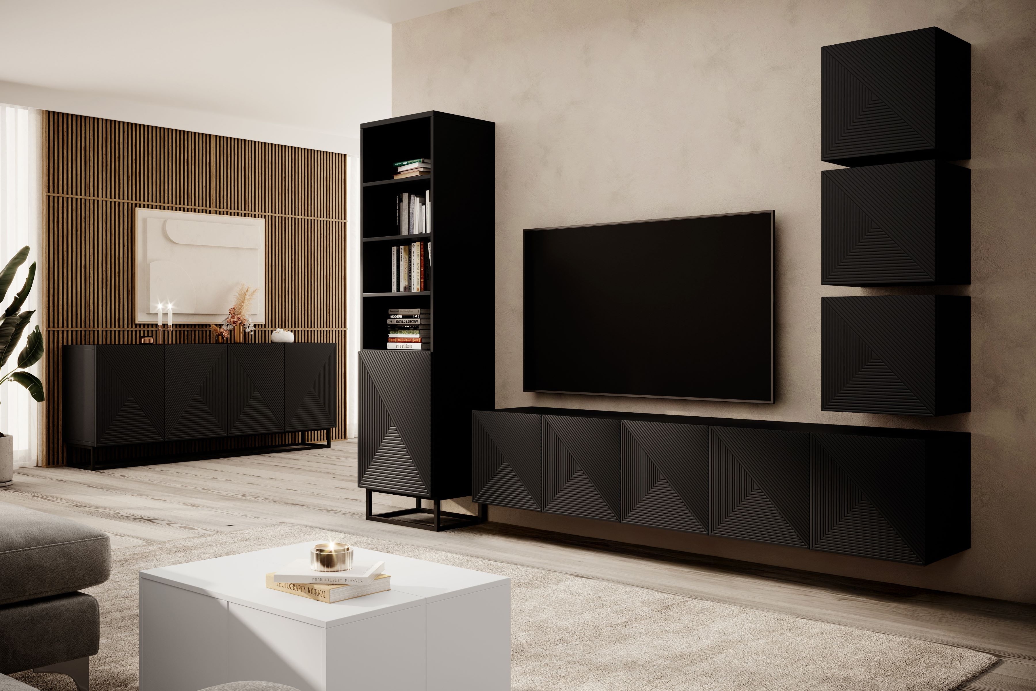 Závěsná TV skříňka Asha 200 cm s drážkovaným čelem - černý mat skříňka RTV závěsná Asha 200 cm s frézovanou přední částí - černá mat