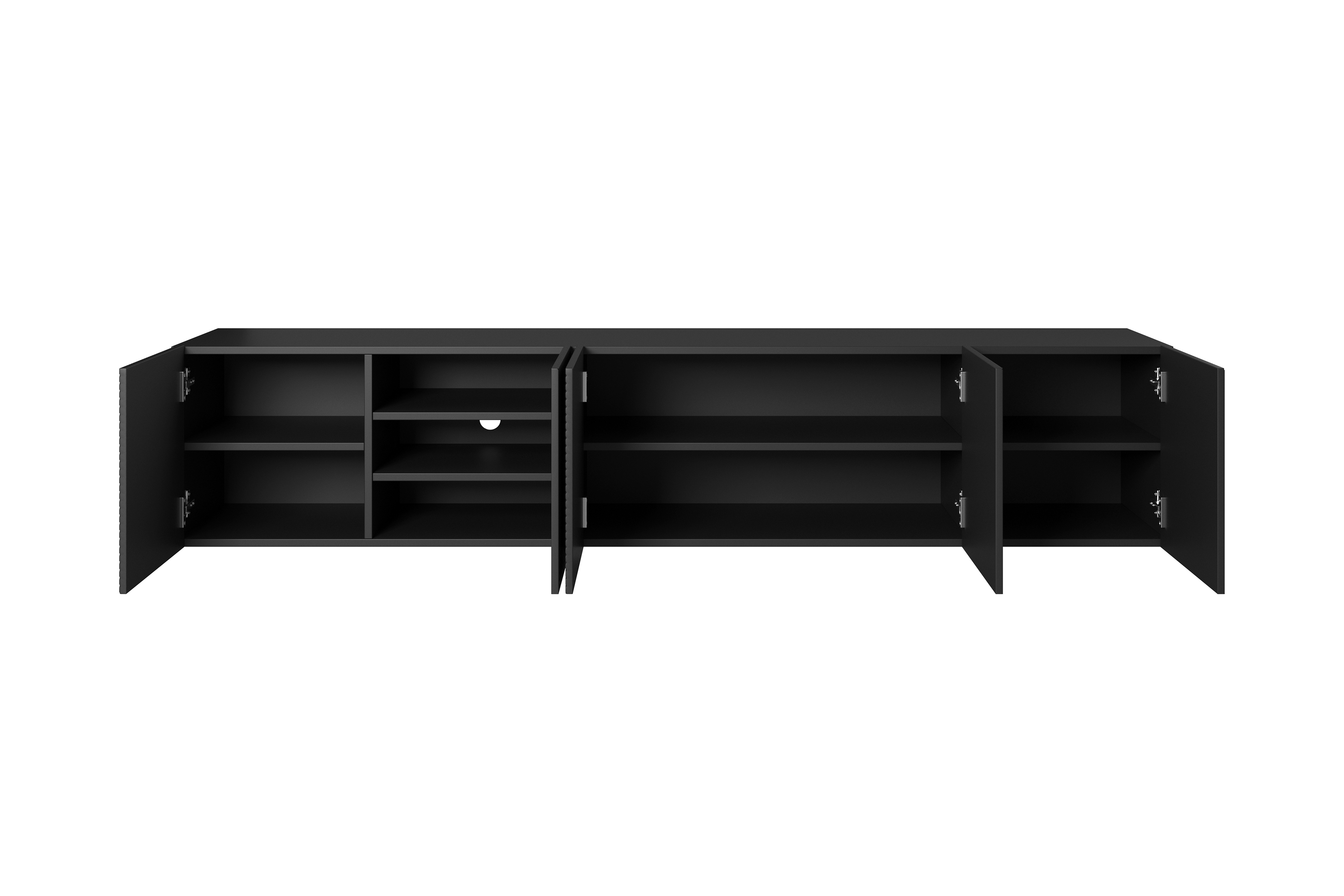 Závěsná TV skříňka Asha 200 cm s drážkovaným čelem - černý mat Skříňka RTV závěsná Asha 200 cm s frézovanou přední částí - černá mat