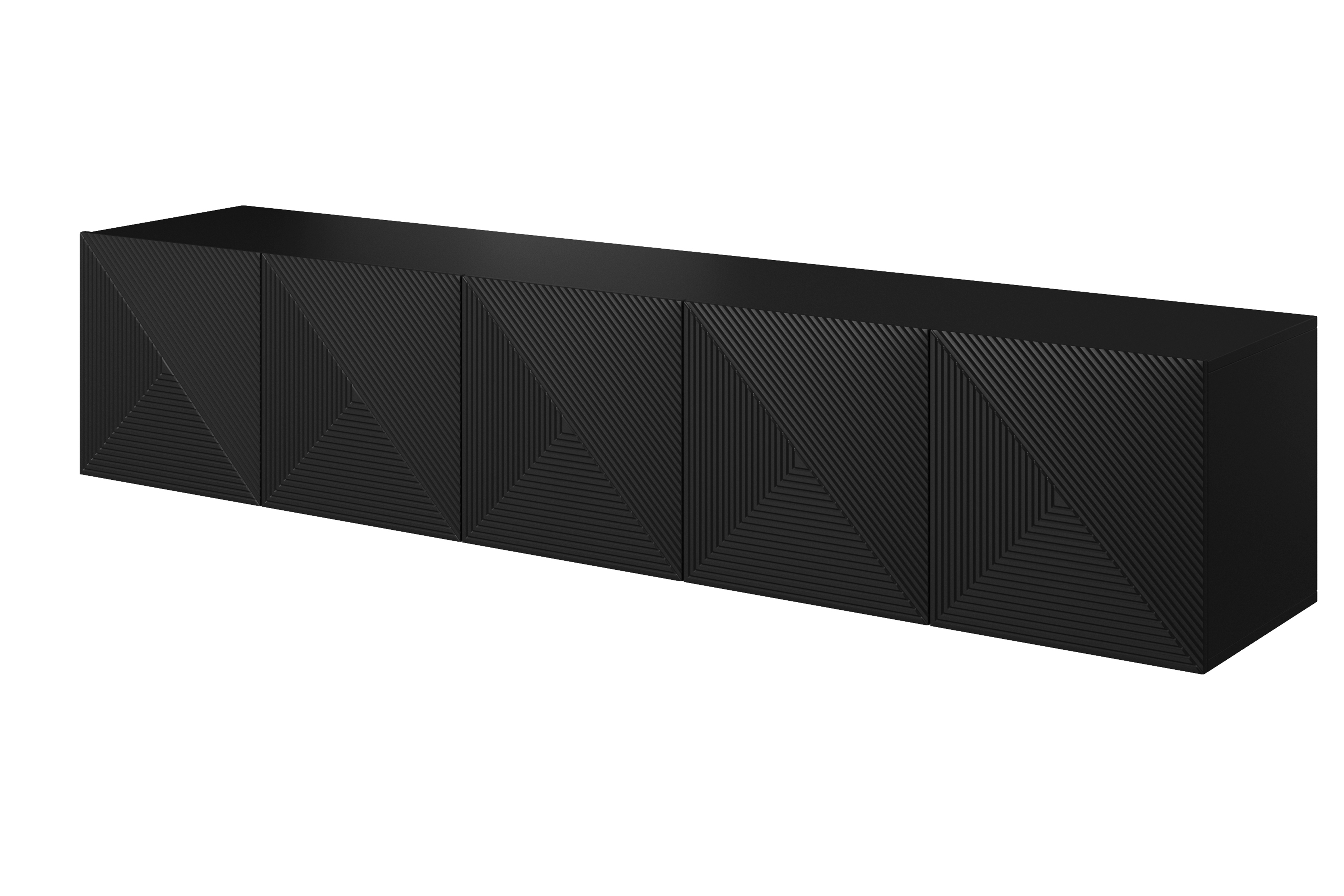 Závěsná TV skříňka Asha 200 cm s drážkovaným čelem - černý mat Skříňka RTV závěsná Asha 200 cm s frézovanou přední částí - černá mat