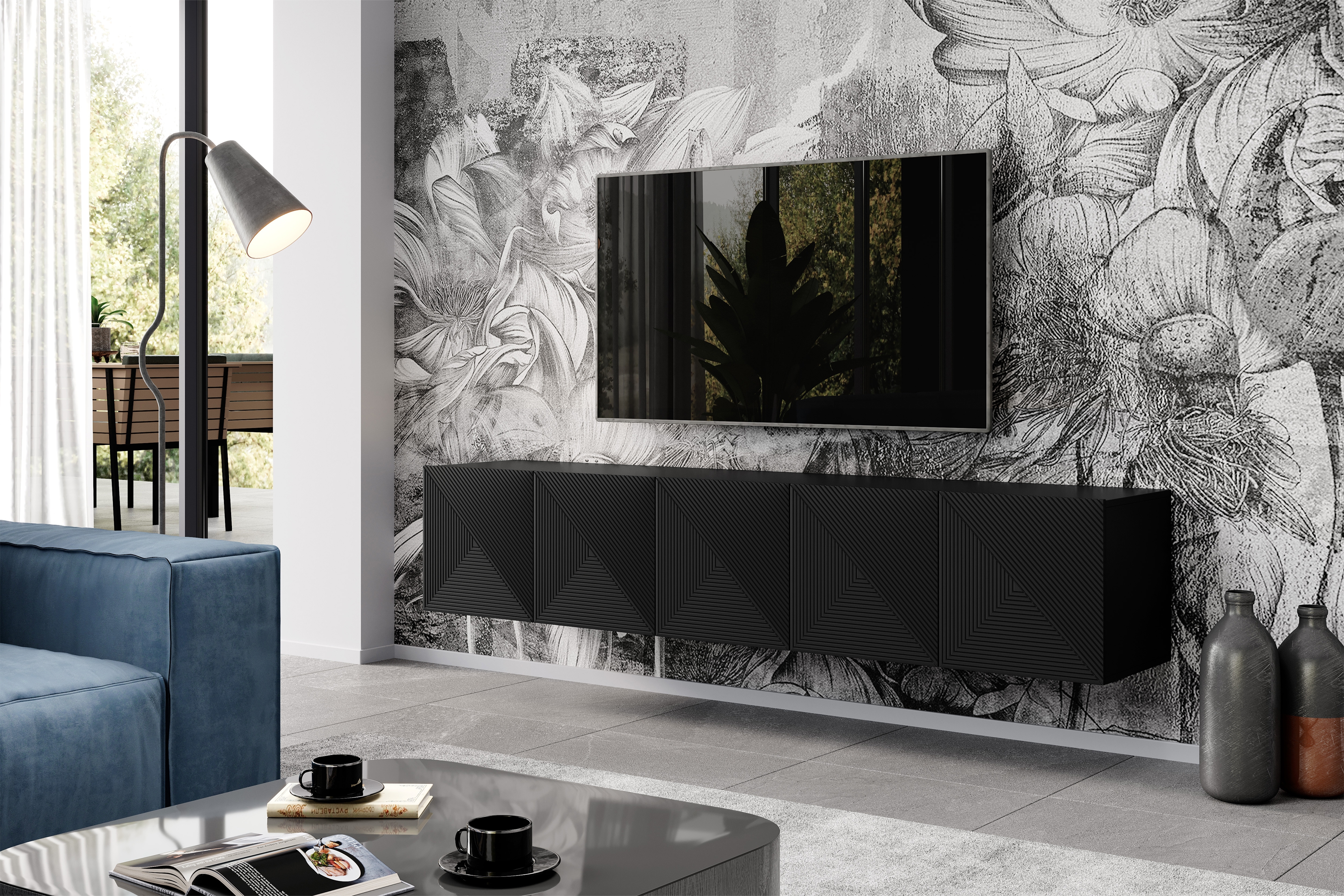 Závěsná TV skříňka Asha 200 cm s drážkovaným čelem - černý mat Skříňka RTV závěsná Asha 200 cm s frézovanou přední částí - černá mat