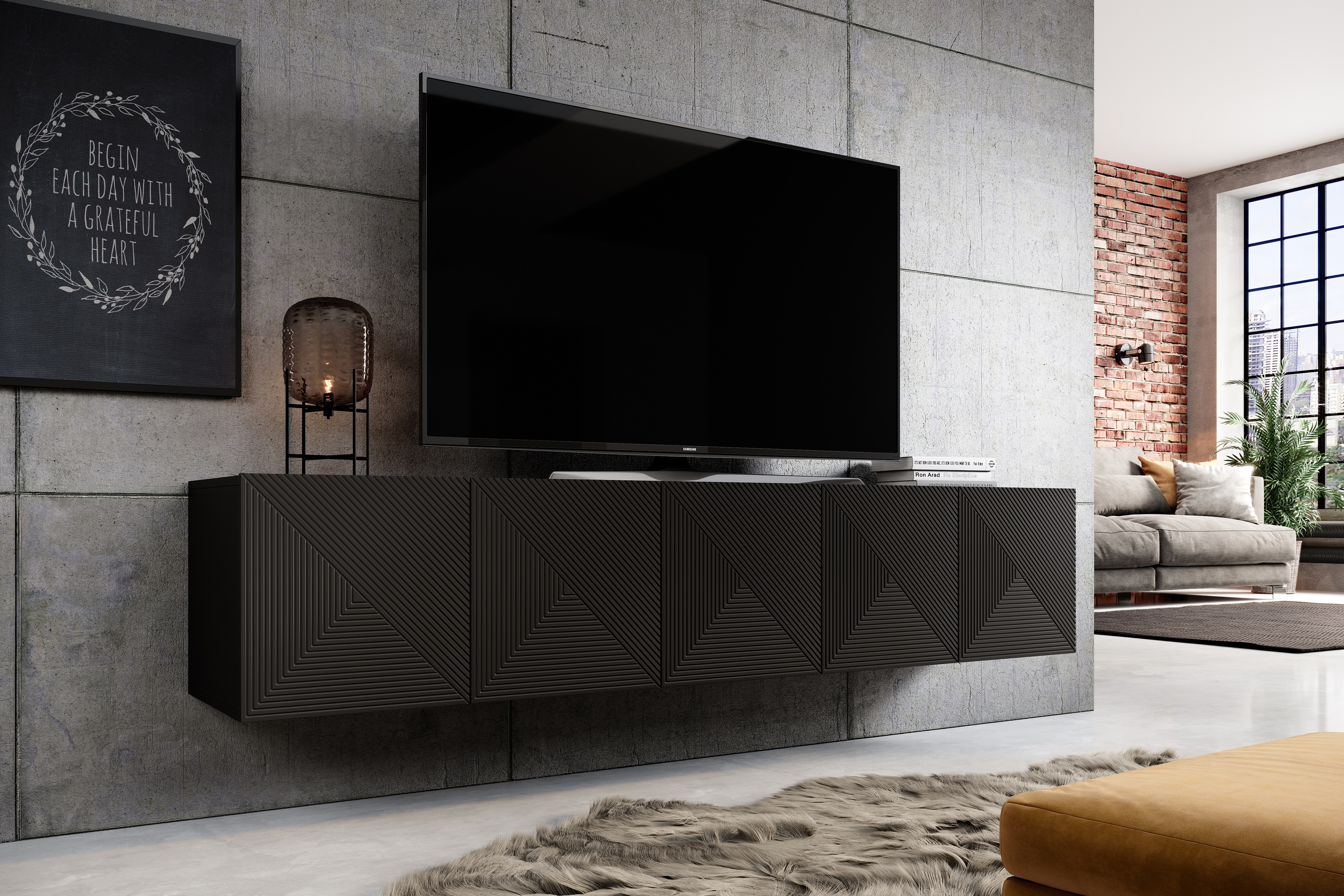 Závěsná TV skříňka Asha 200 cm s drážkovaným čelem - černý mat Skříňka RTV závěsná Asha 200 cm s frézovanou přední částí - černá mat