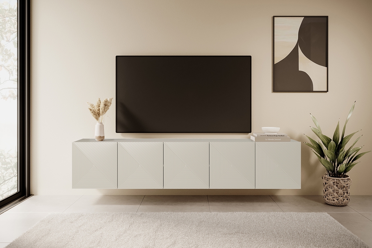 Závěsná TV skříňka Asha 200 cm s rýhovaným čelem - kašmír skříňka RTV závěsná Asha 200 cm s frézovanou přední částí - kašmír