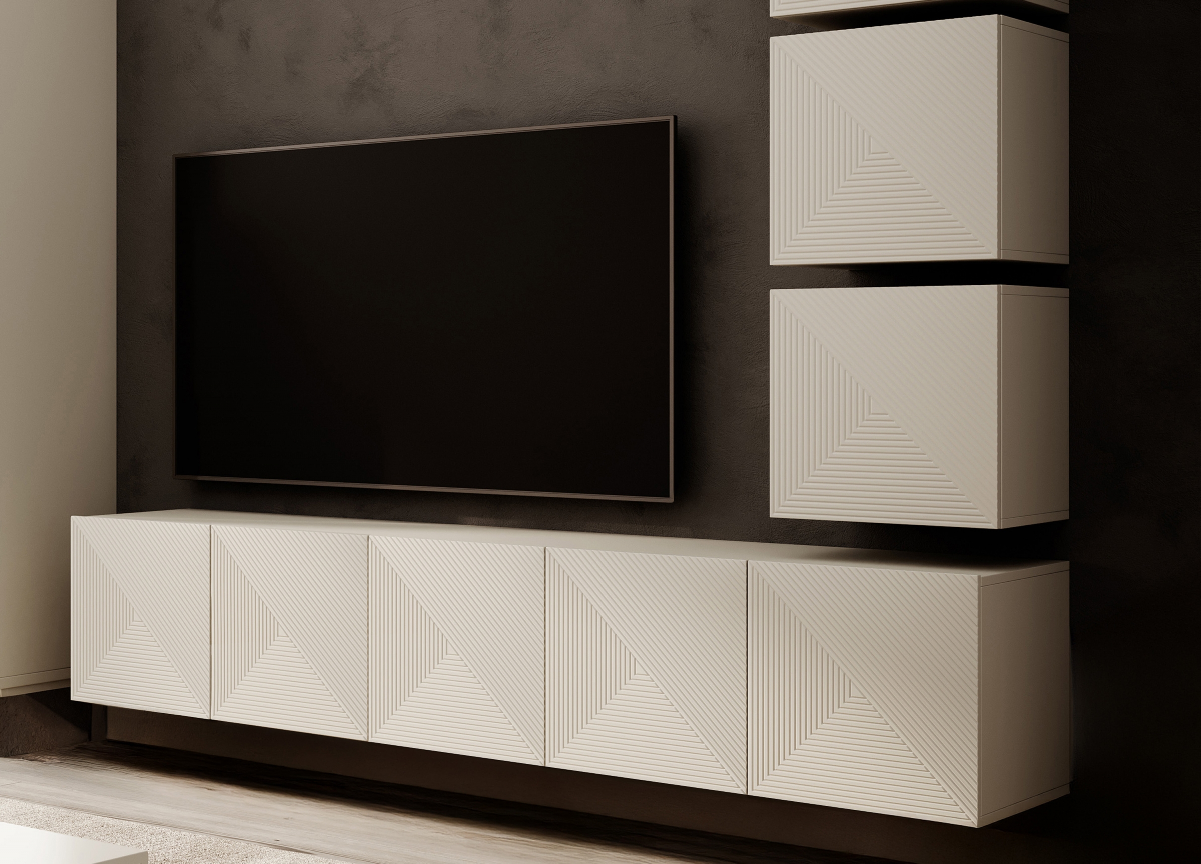 Závěsná TV skříňka Asha 200 cm s rýhovaným čelem - kašmír skříňka RTV závěsná Asha 200 cm s frézovanou přední částí - kašmír