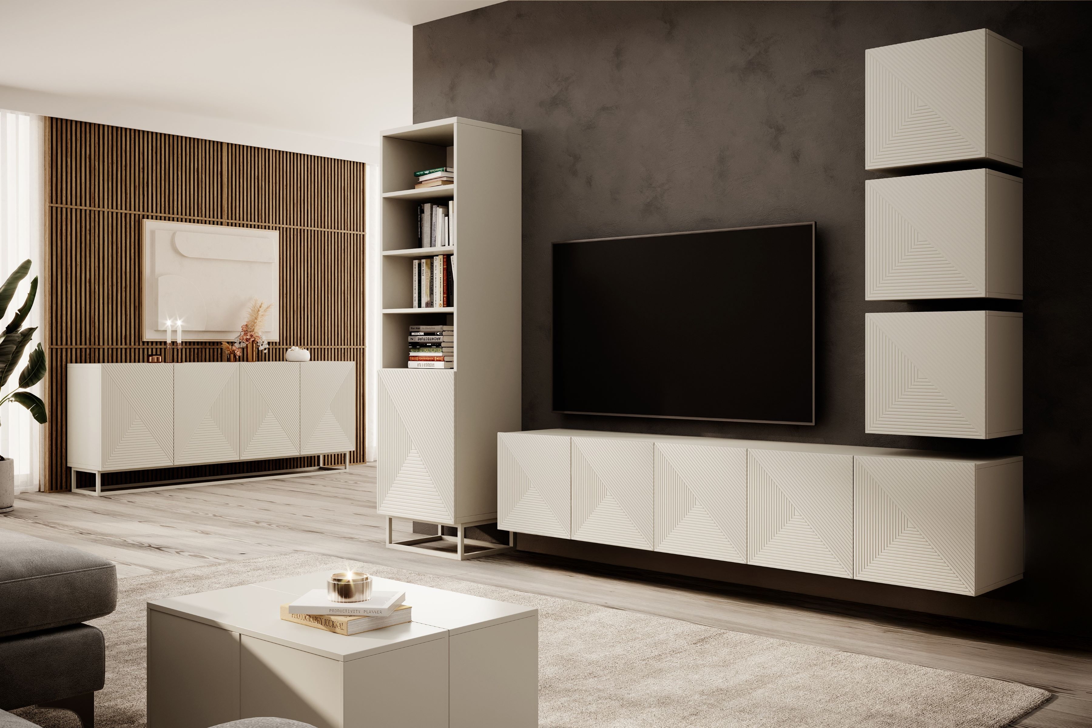 Závěsná TV skříňka Asha 200 cm s rýhovaným čelem - kašmír skříňka RTV závěsná Asha 200 cm s frézovanou přední částí - kašmír