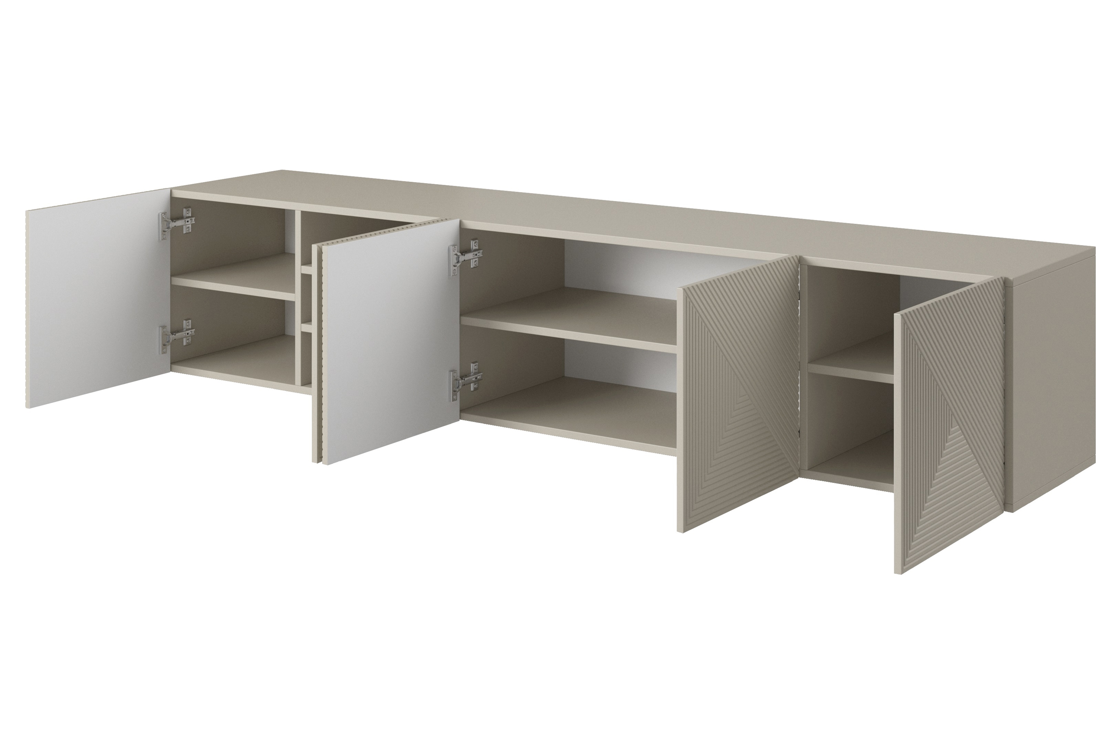 Závěsná TV skříňka Asha 200 cm s rýhovaným čelem - kašmír Skříňka RTV závěsná Asha 200 cm s frézovanou přední částí - kašmír