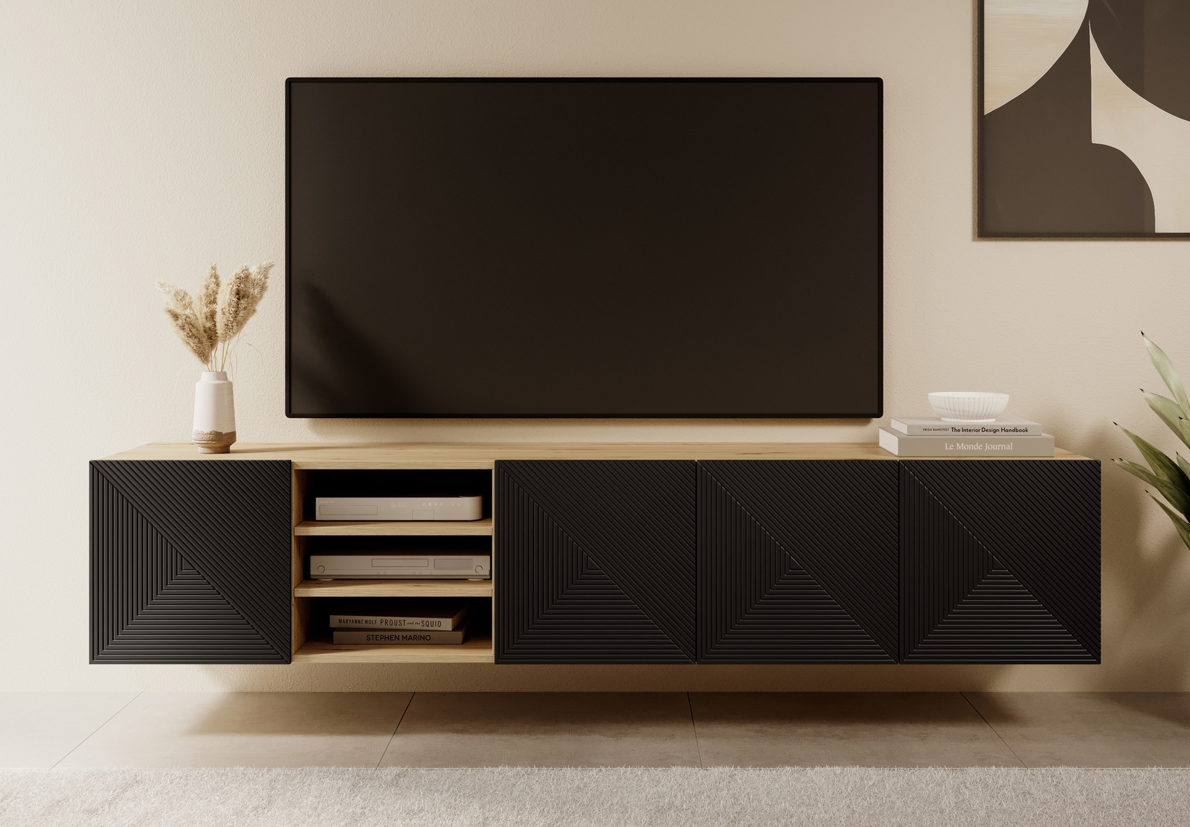 Závěsný TV stolek Asha 200 cm s rýhovanými dvířky a výklenkem - dub artisan / černý mat skříňka RTV závěsná Asha 200 cm s frézovanou přední částí i wneka - artisan / černá mat