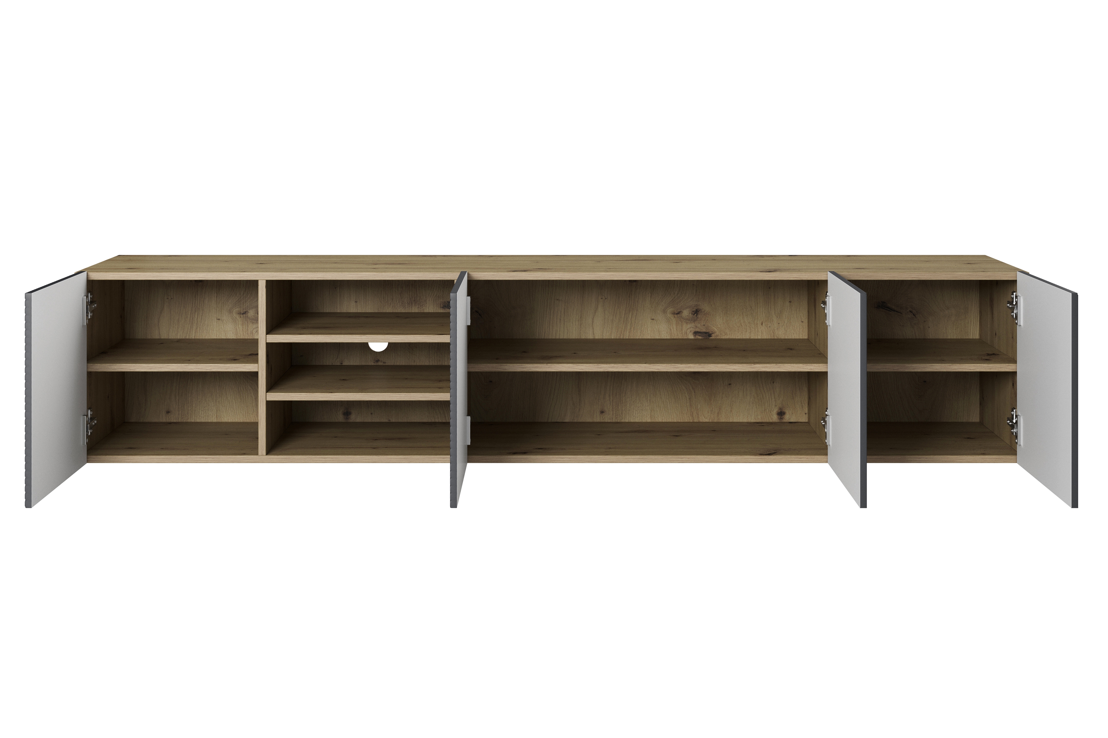 Závesná TV skrinka Asha 200 cm s ryhovaným čelom a výklenkom - dub artisan / rivier stone mat TV skrinka závesná Asha 200 cm s frézovaným frontom i wneka - artisan / rivier stone mat