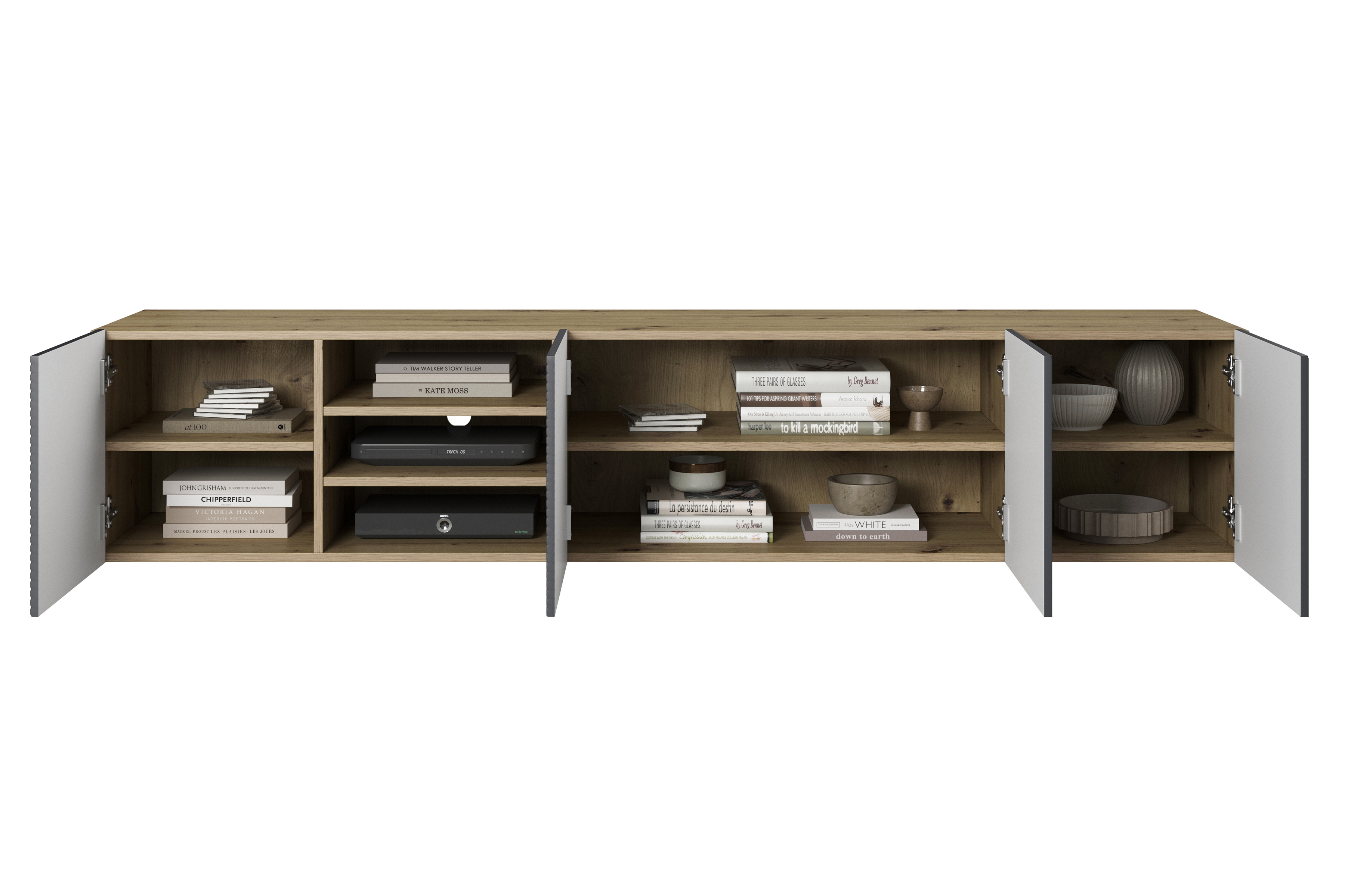 Závesná TV skrinka Asha 200 cm s ryhovaným čelom a výklenkom - dub artisan / rivier stone mat TV skrinka závesná Asha 200 cm s frézovaným frontom i wneka - artisan / rivier stone mat