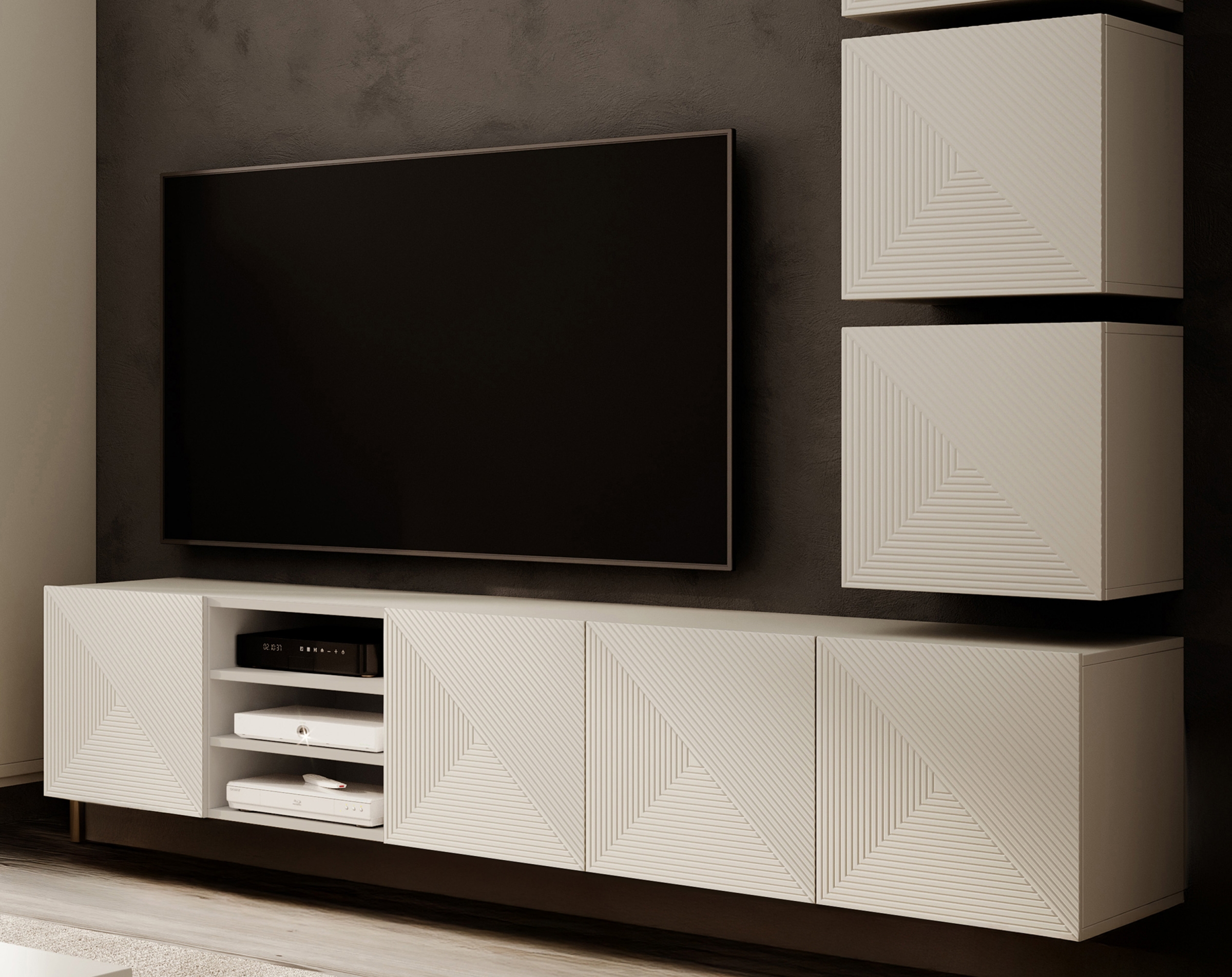 Závěsná TV skříňka Asha 200 cm s rýhovanými dvířky a výklenkem - kašmír skříňka RTV závěsná Asha 200 cm s frézovanou přední částí i wneka - kašmír